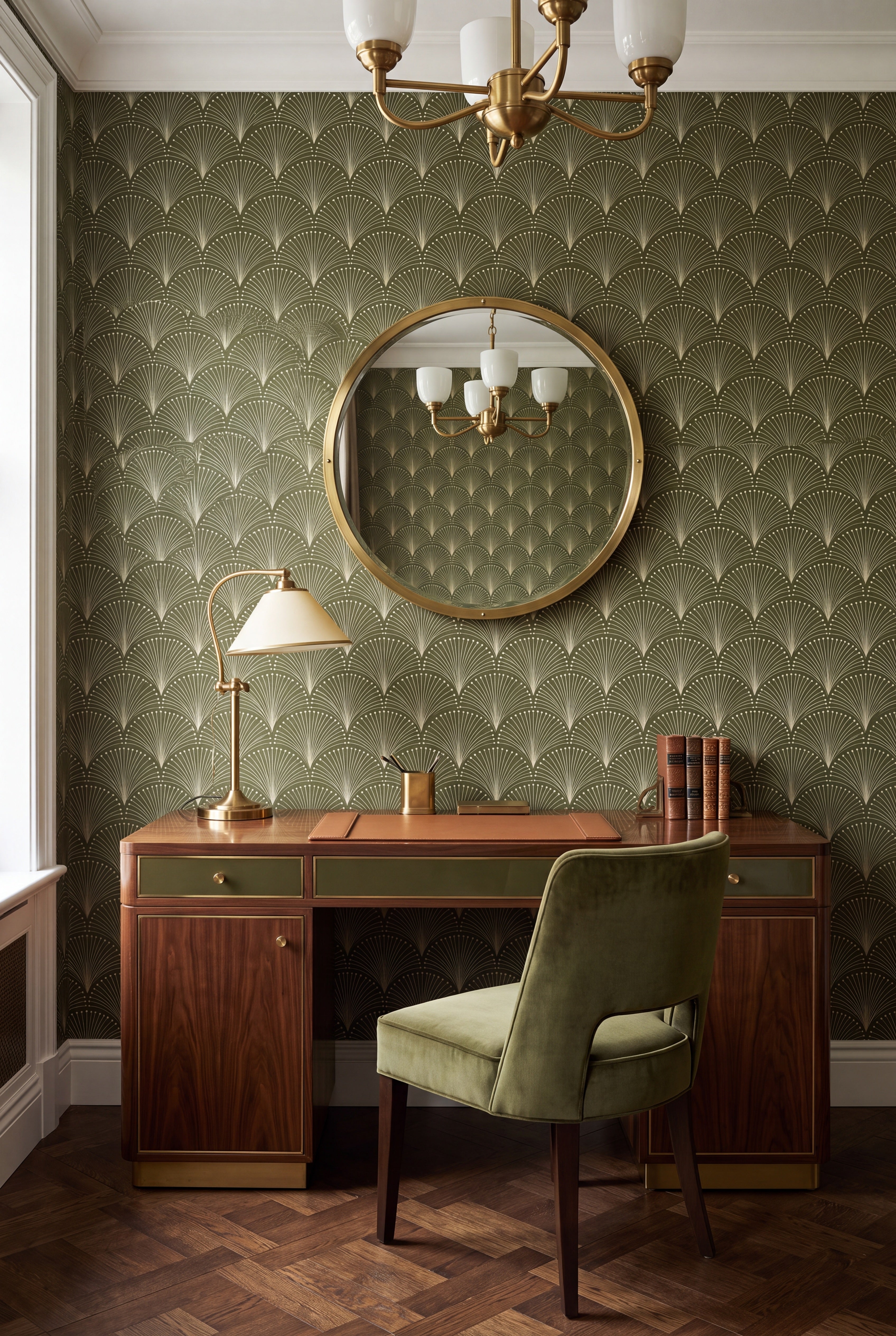 Palm Court wallpaper shown in a home office