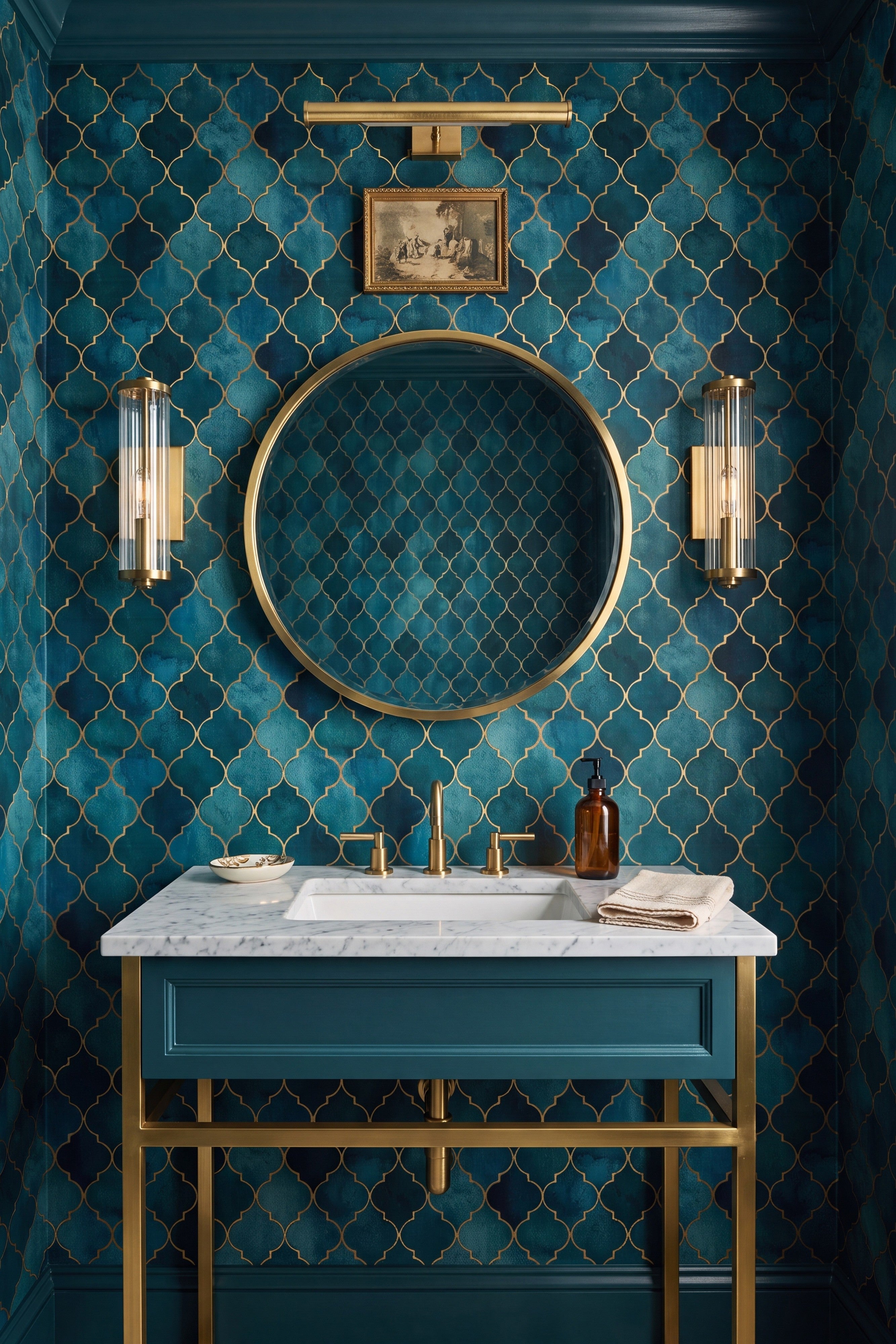 Teal Trellis wallpaper shown on an accent wall