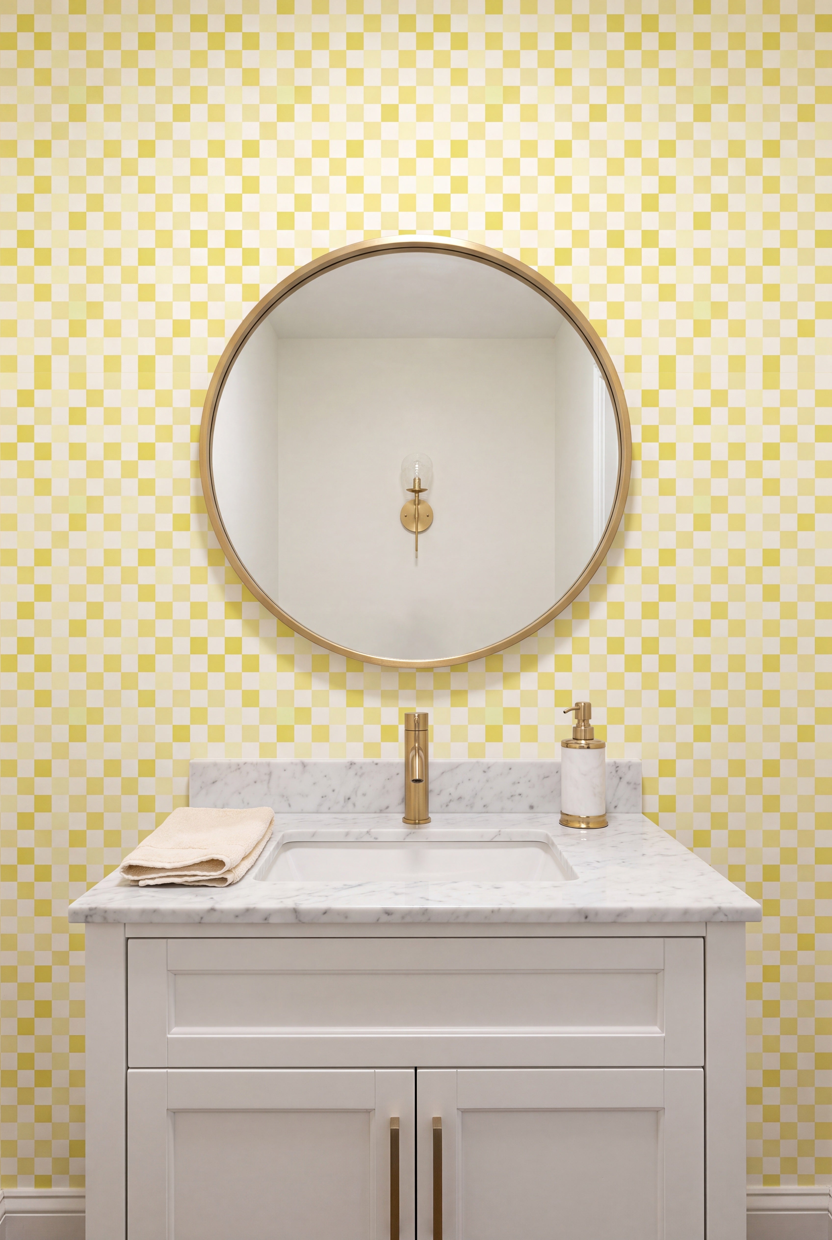 Lemon Check wallpaper shown in a powder room
