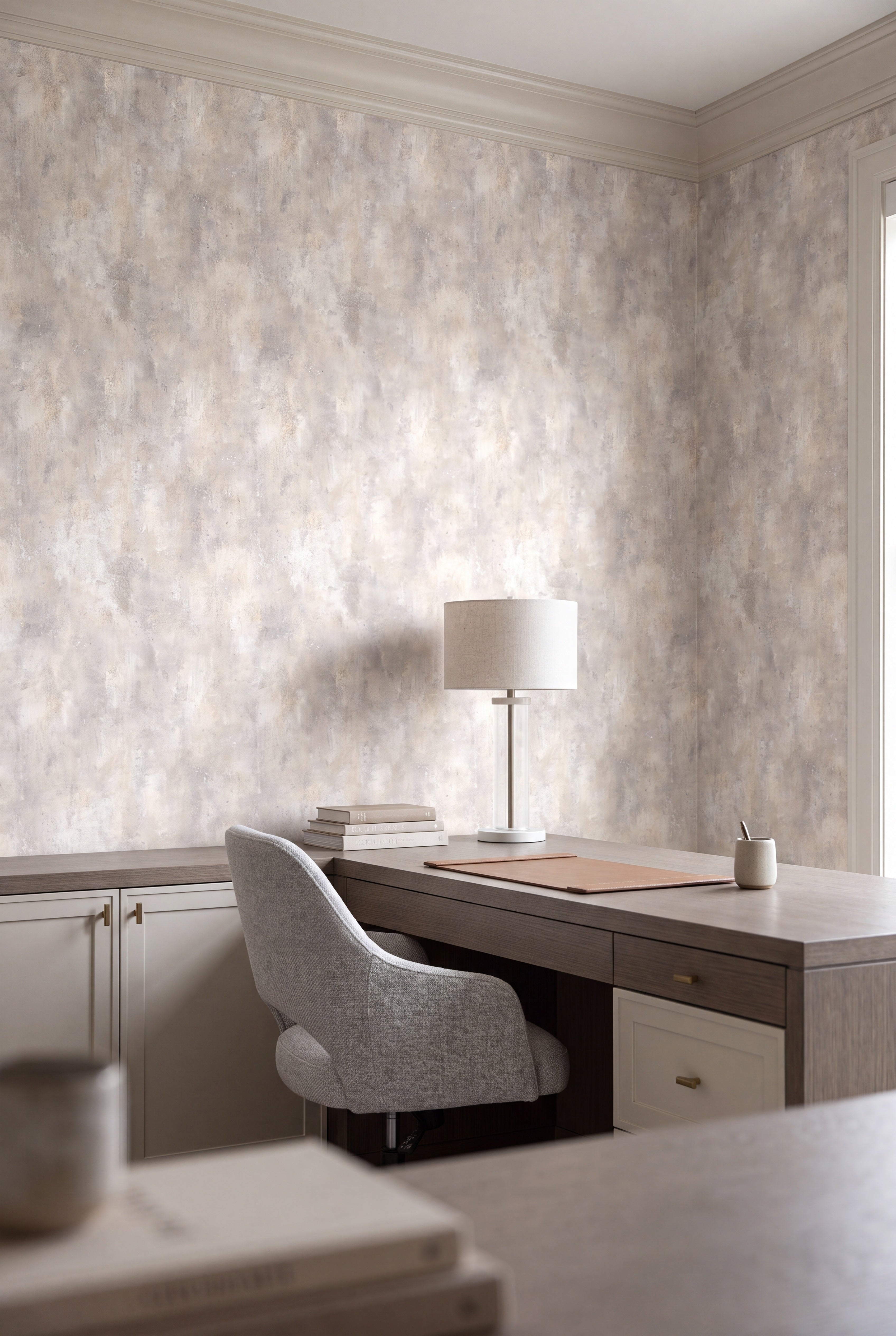 Putty Wash wallpaper shown in a home office