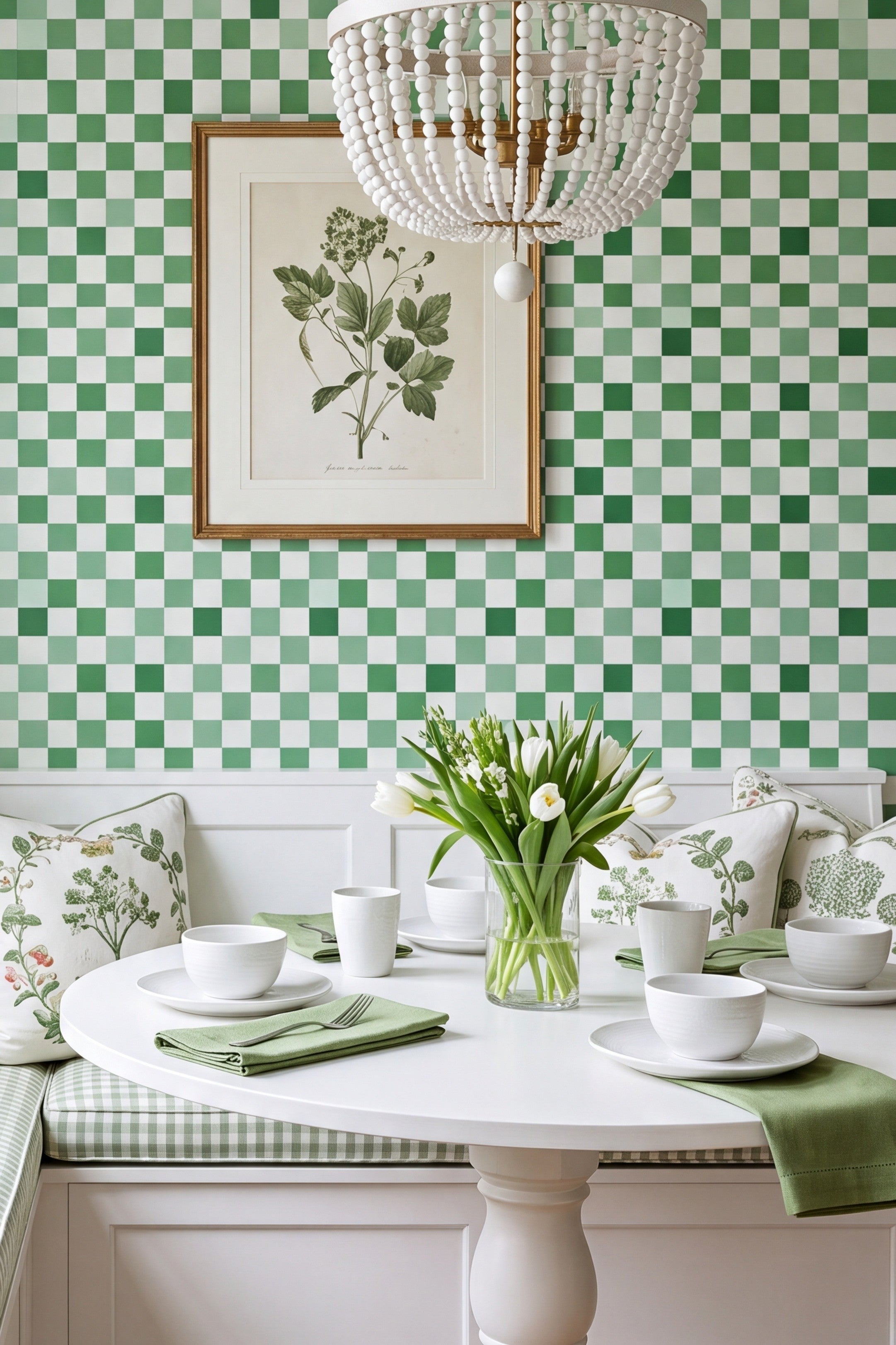 Sage Check wallpaper shown in a cozy nook