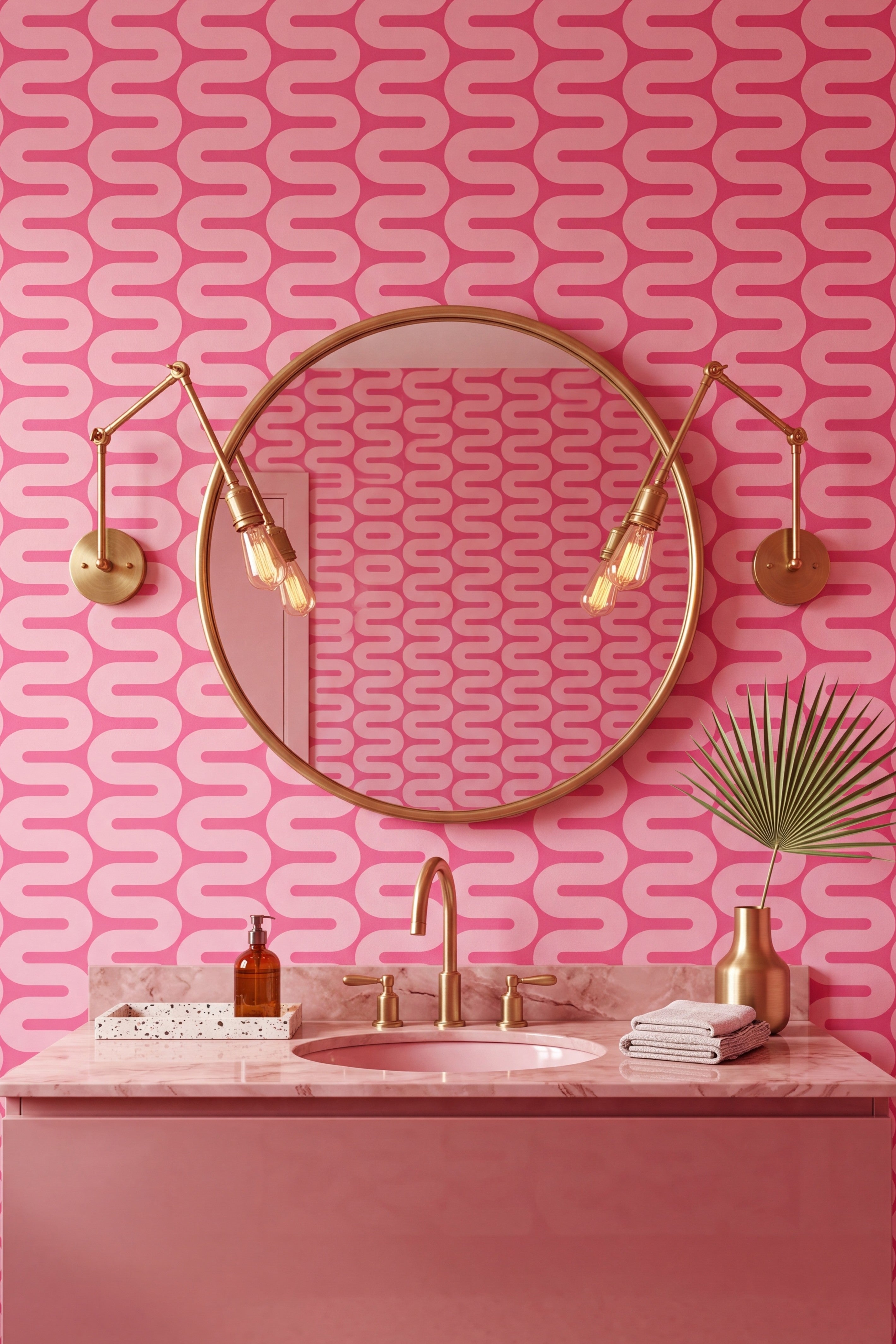 Pink Wiggle wallpaper shown in a powder room