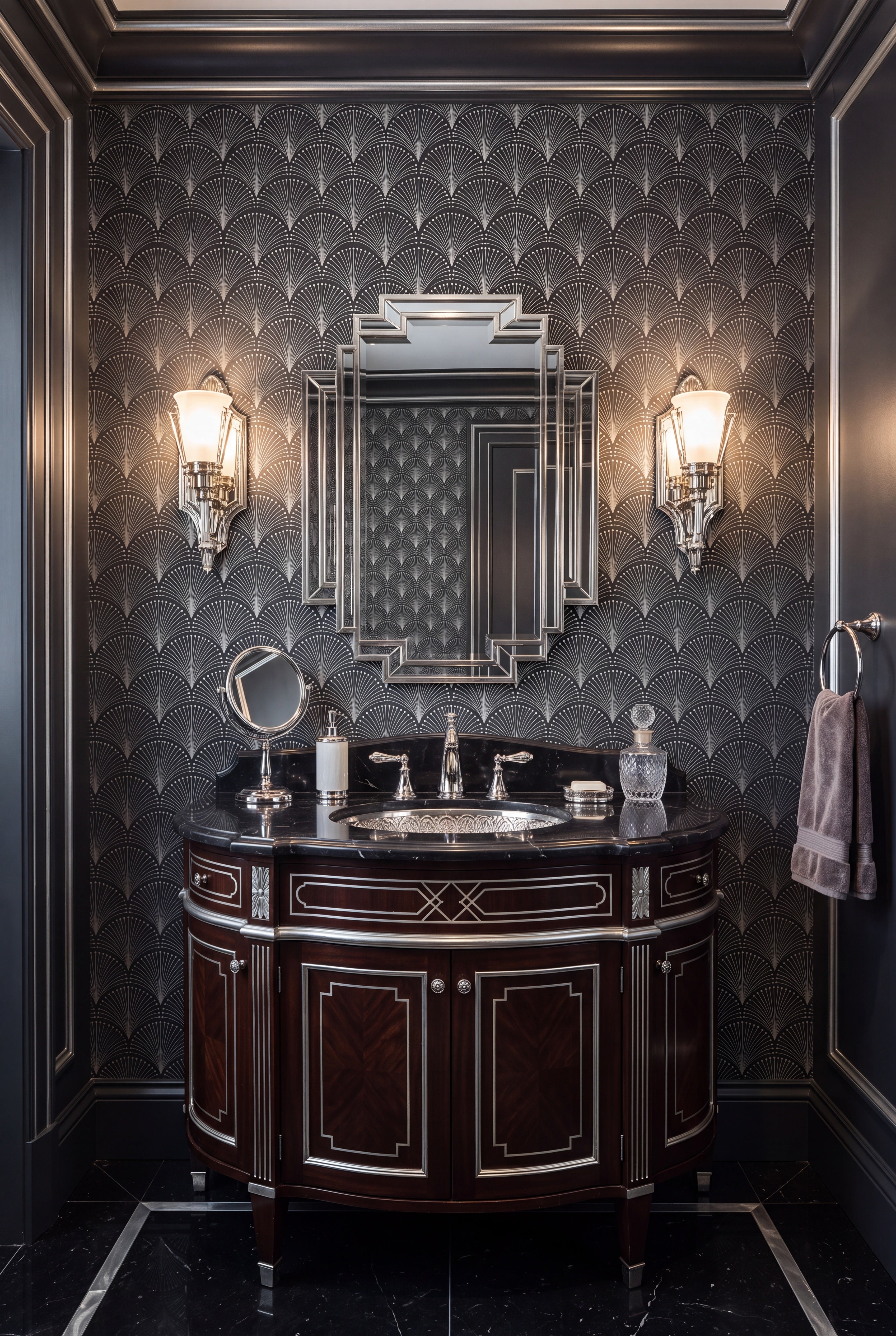 Palm Noir wallpaper shown in a powder room