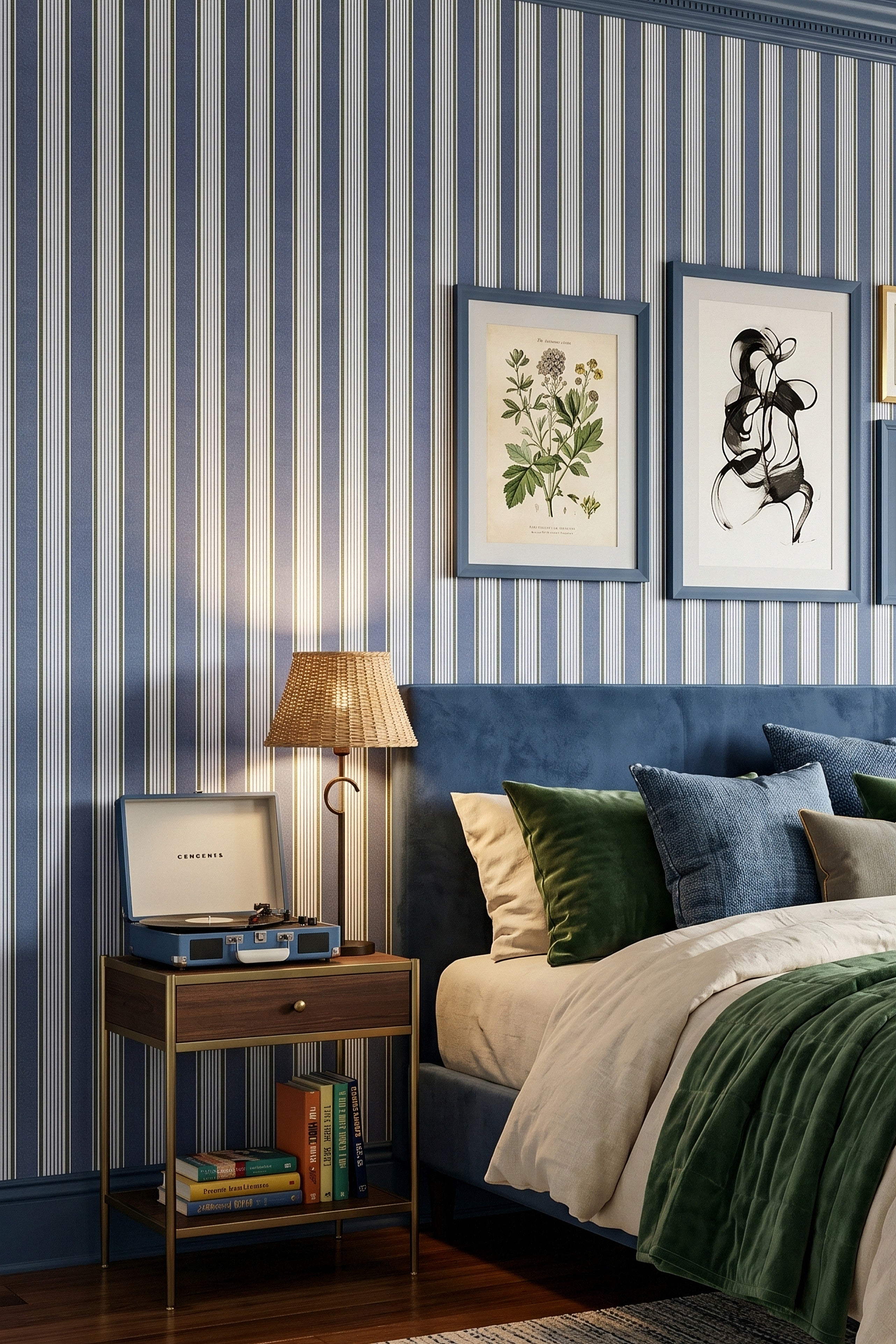 Juniper Stripe wallpaper shown in a bedroom