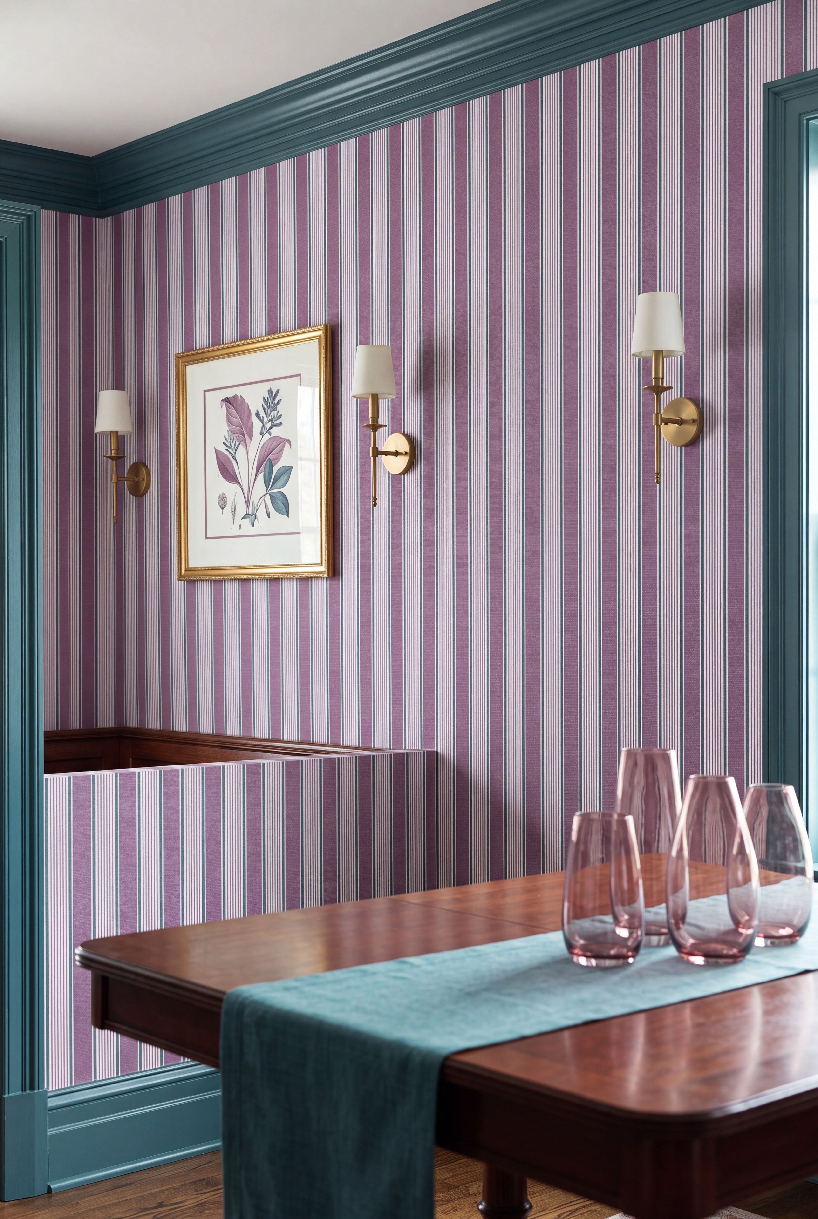 Thistle Stripe wallpaper shown in a dining room