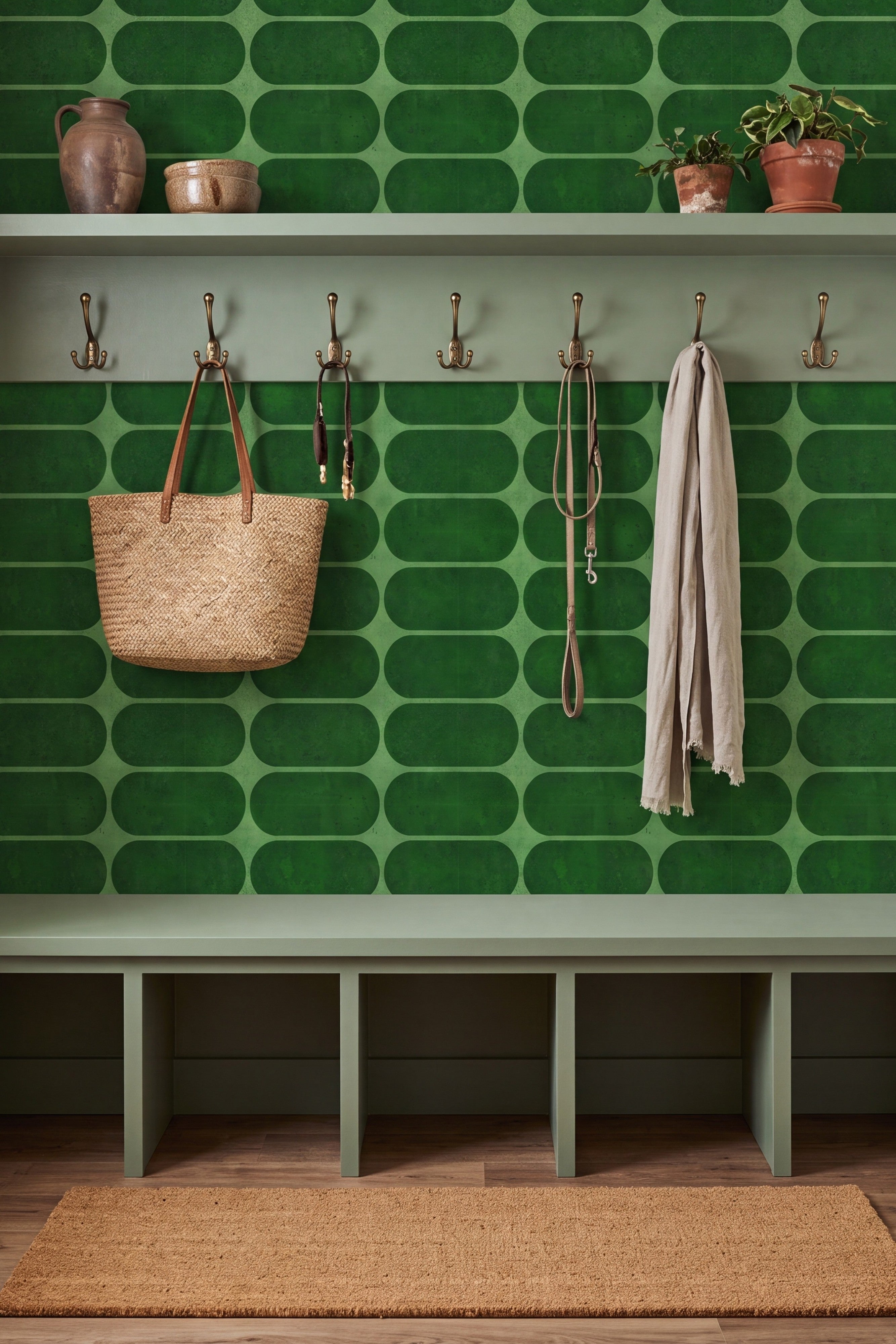 Emerald Deco wallpaper shown in a mudroom