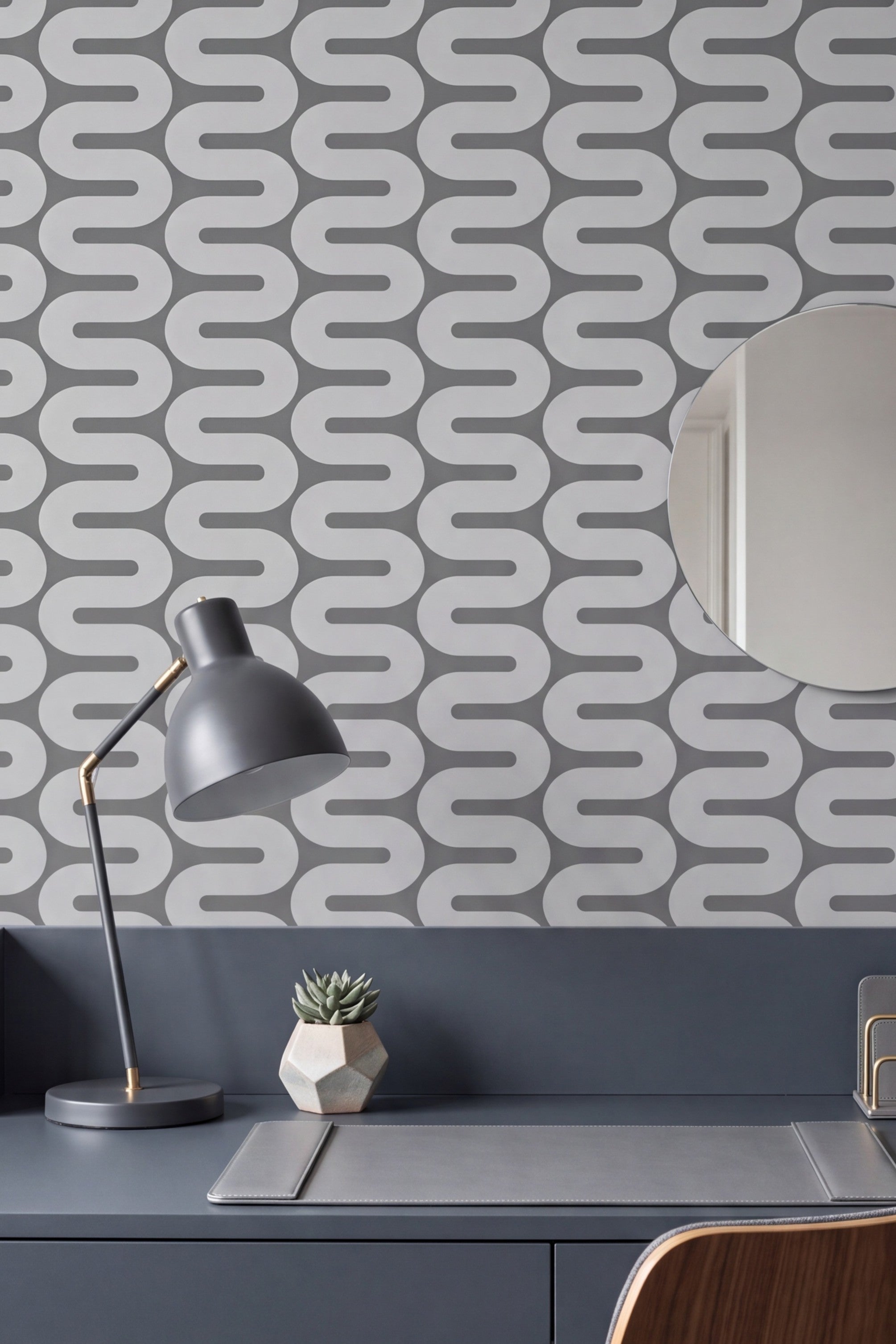 Charcoal Wave wallpaper shown in a home office