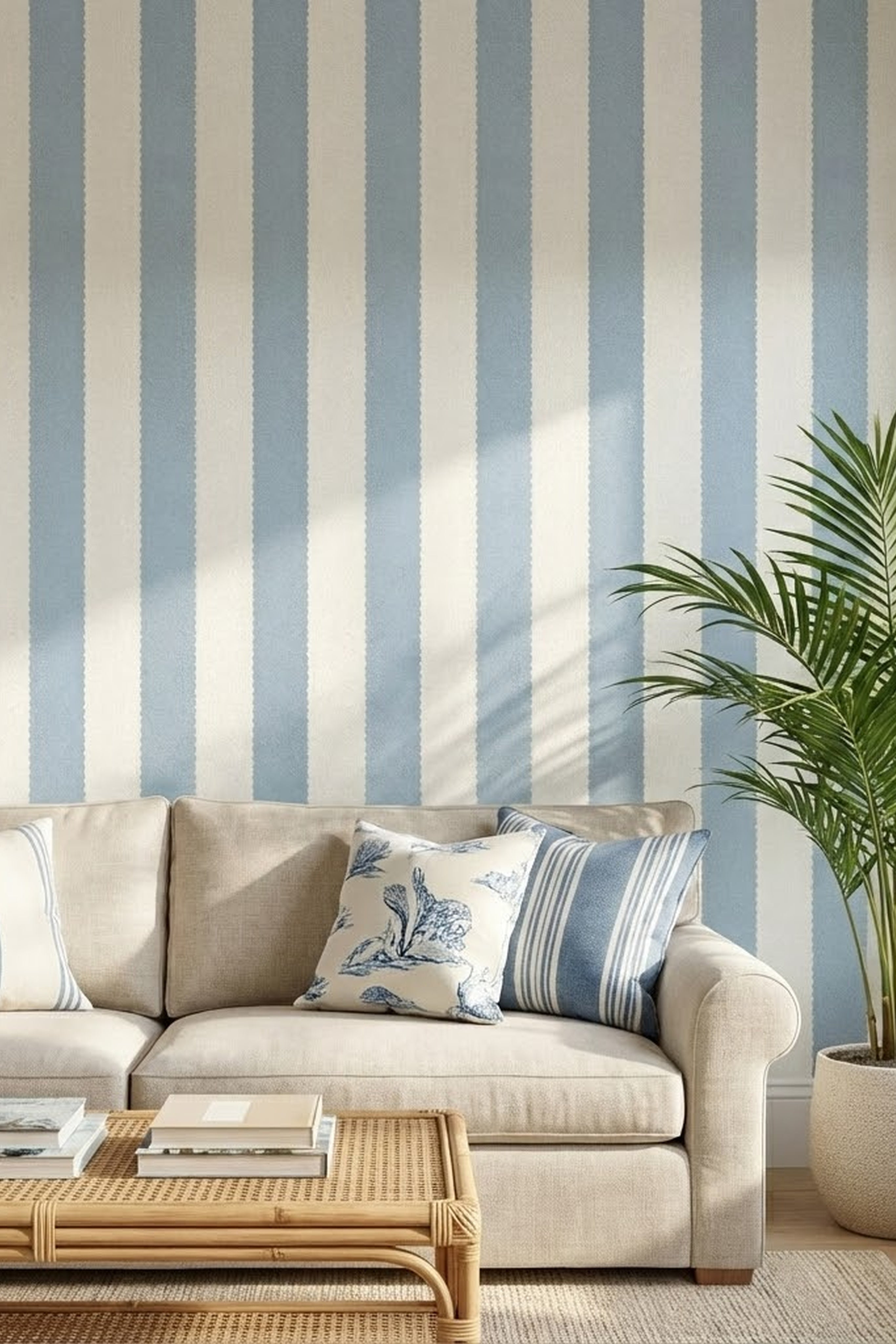 Seaside Scallop wallpaper shown in a living room