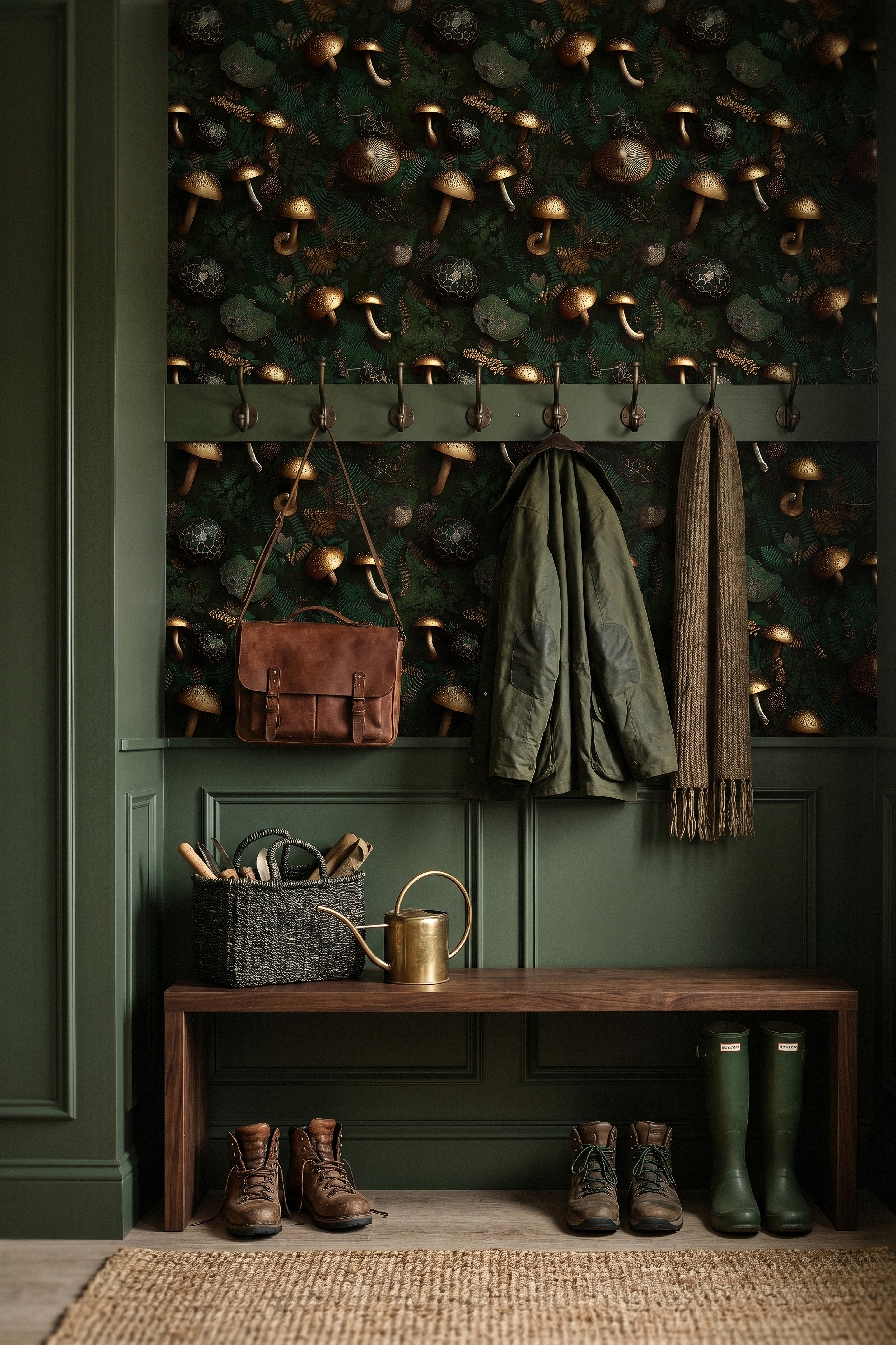 Gilded Grove wallpaper shown in a mudroom