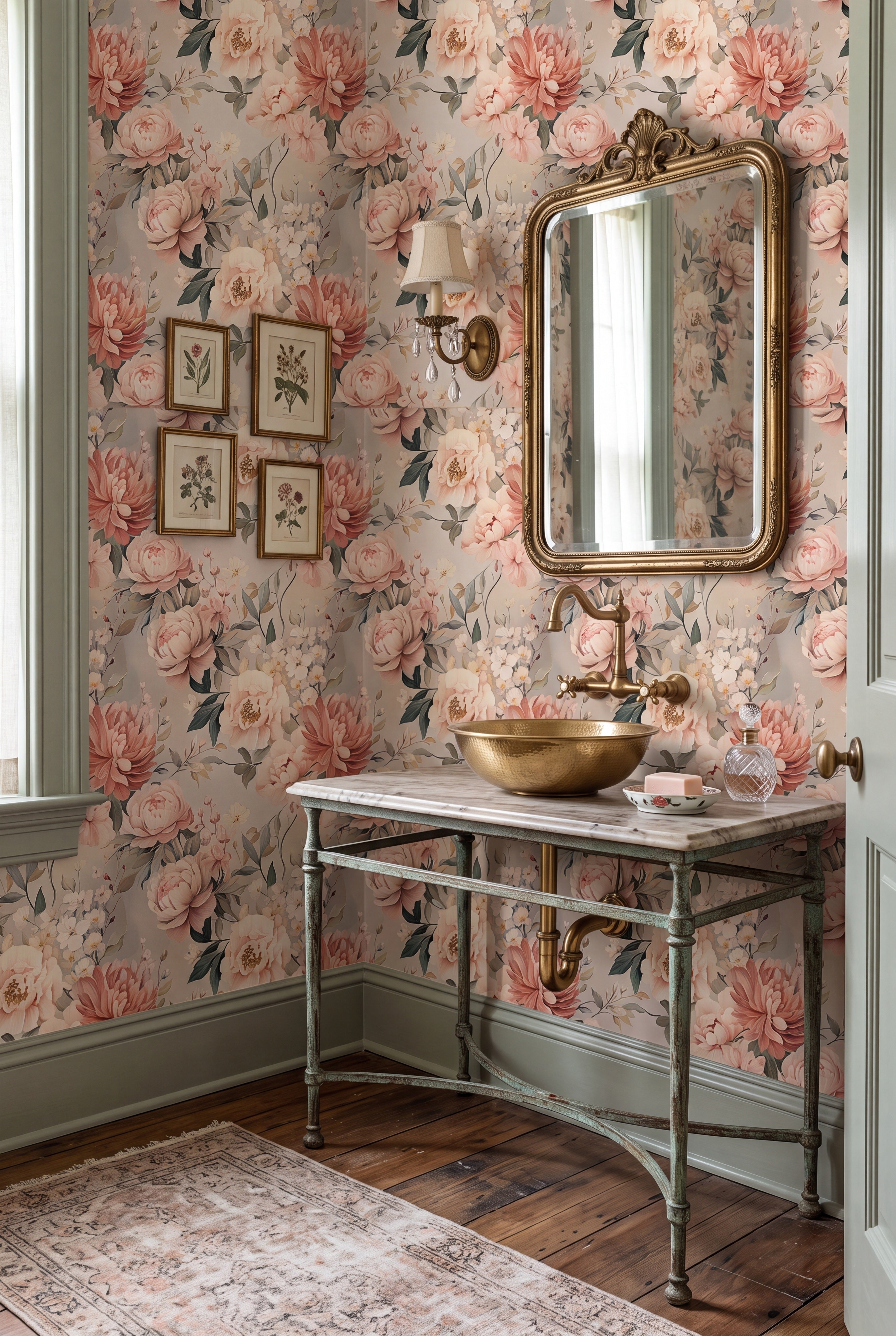 Storybook Rose wallpaper shown in a powder room