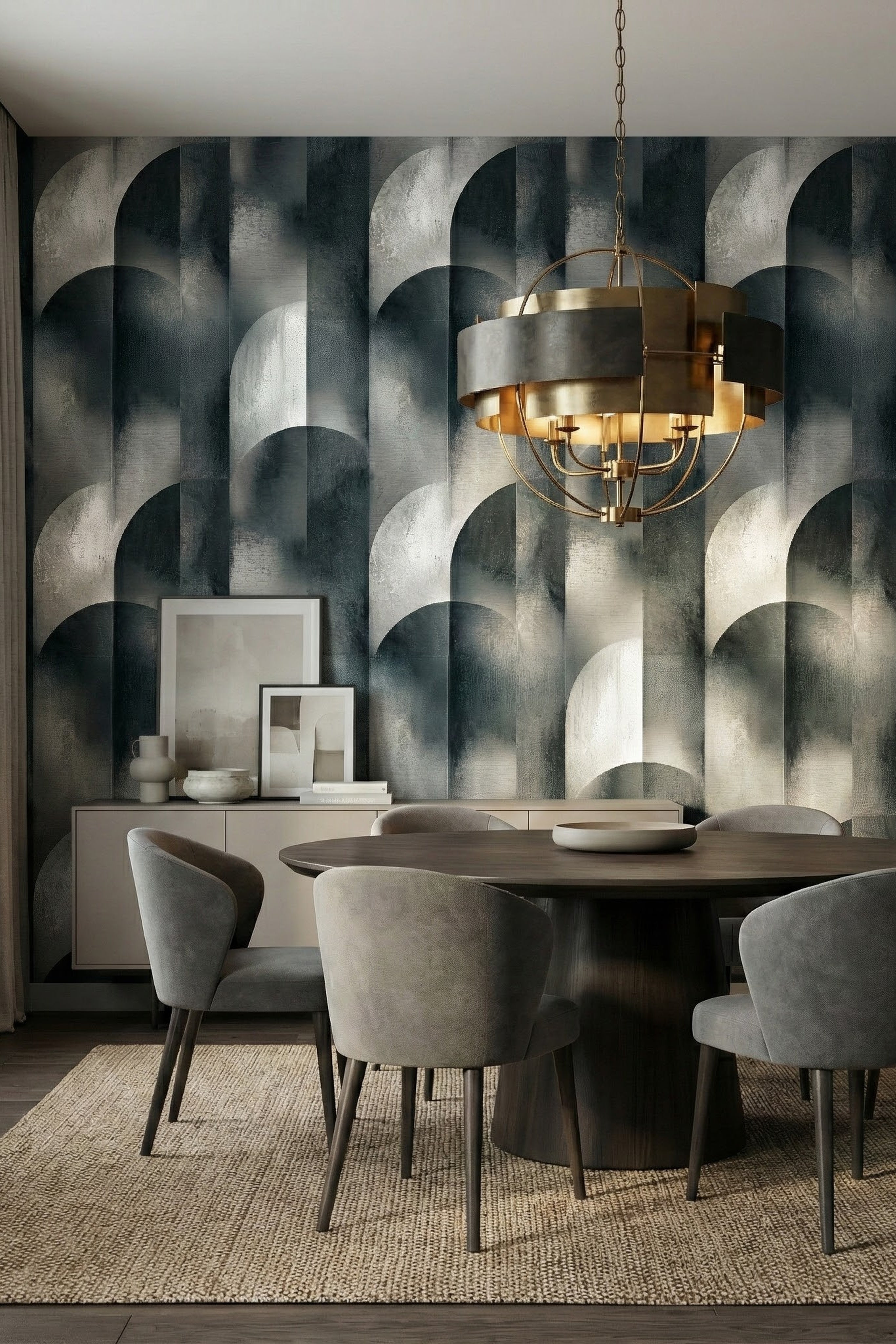 Silver Arch wallpaper shown in a dining room