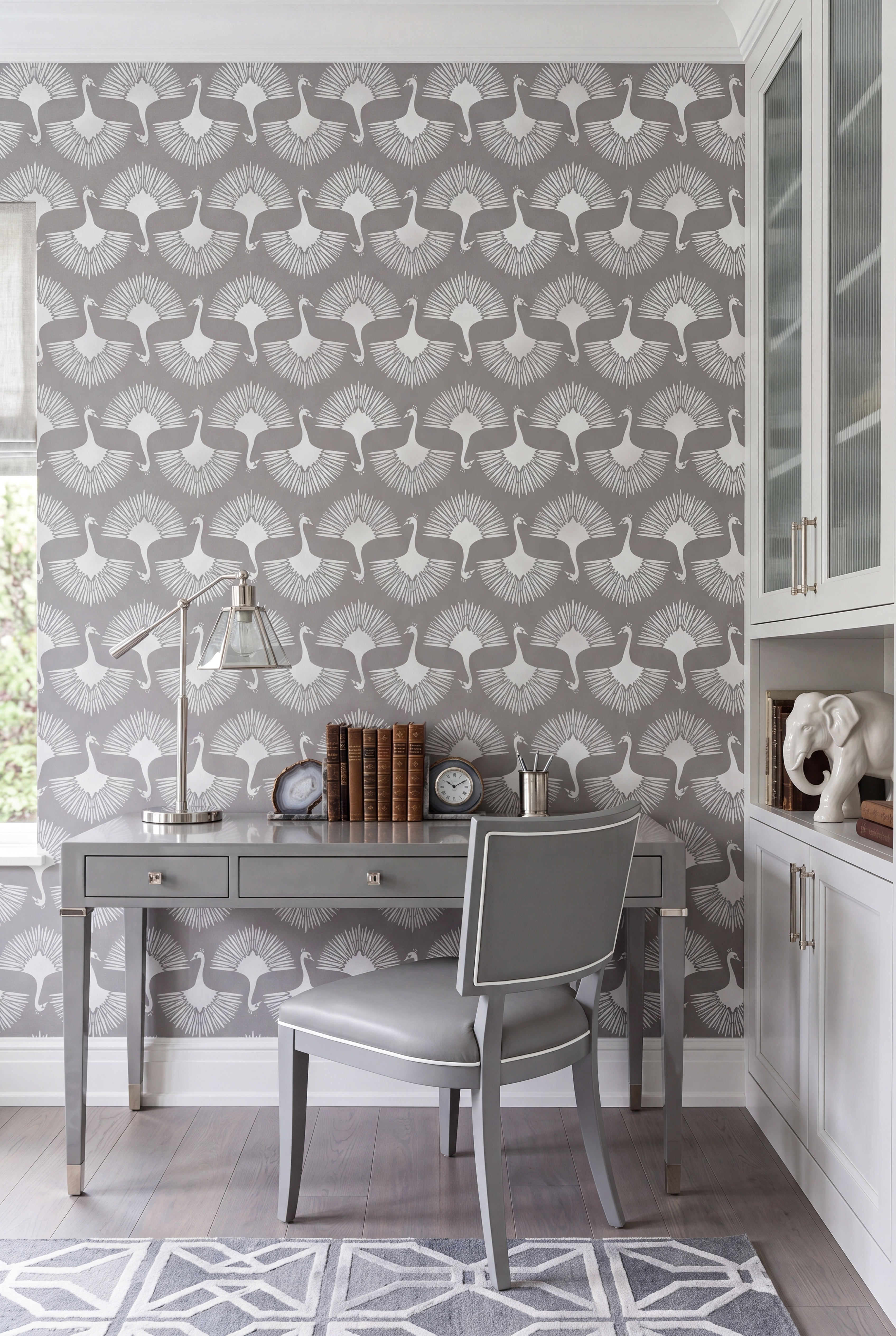 Swan Soirée wallpaper shown in a home office