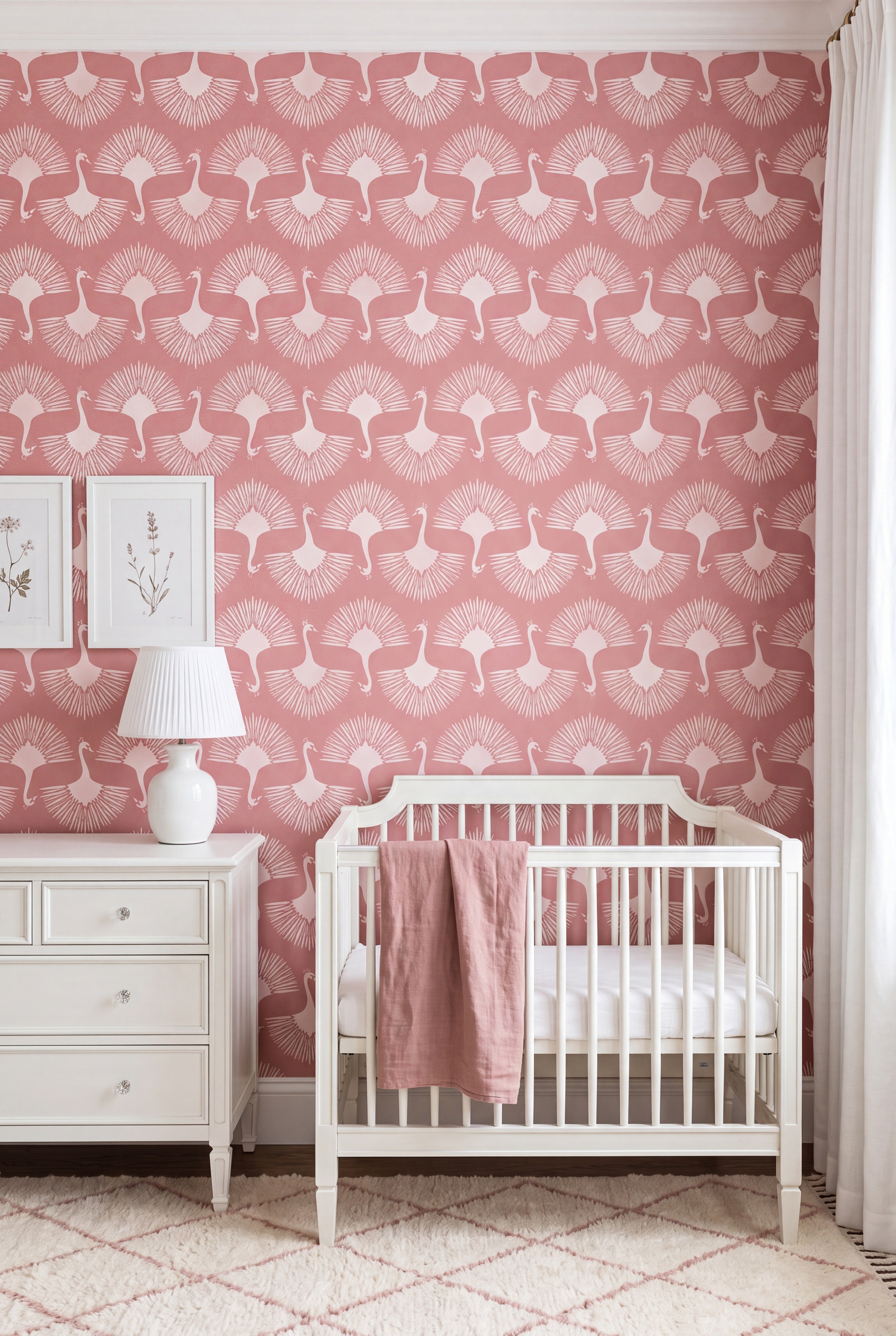 Blush Swan wallpaper shown in a kids' room