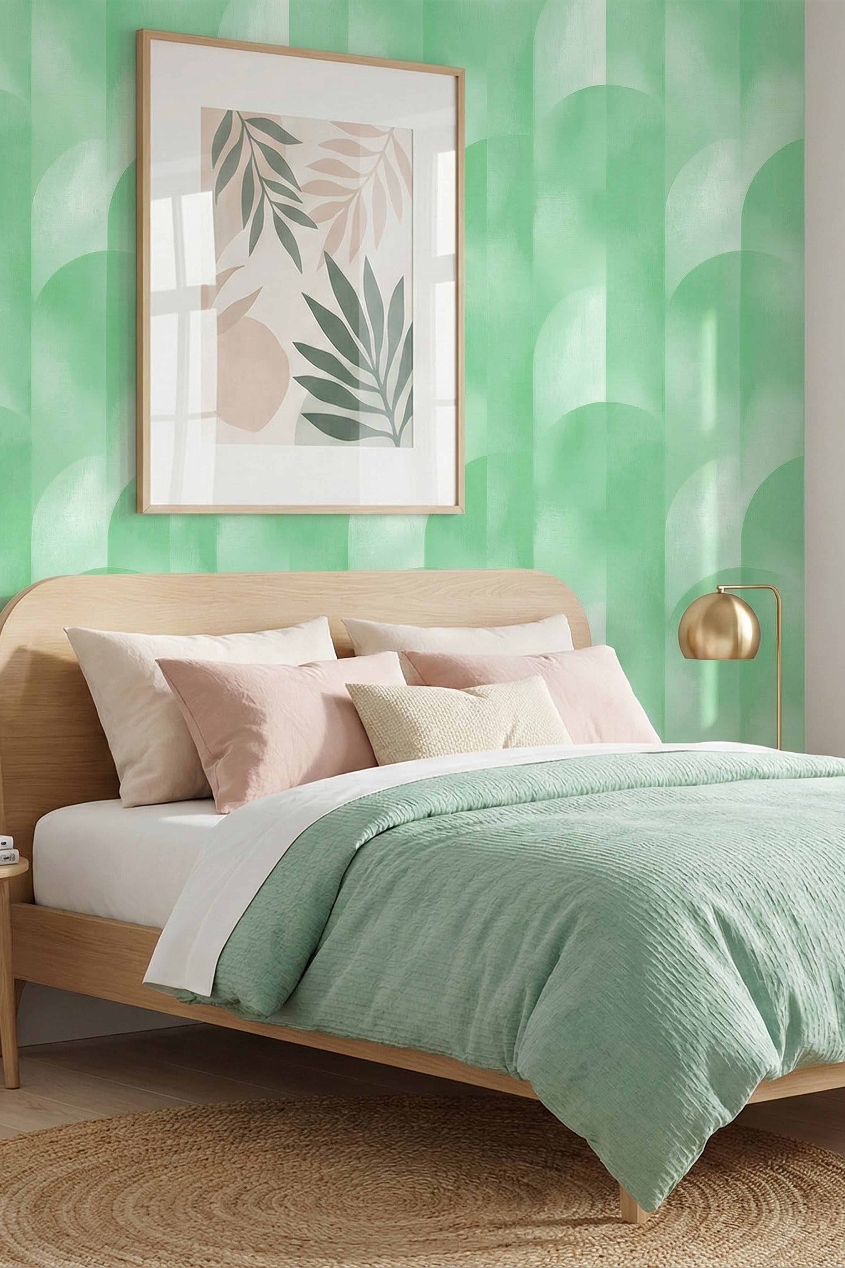 Mint Arcade wallpaper shown in a bedroom