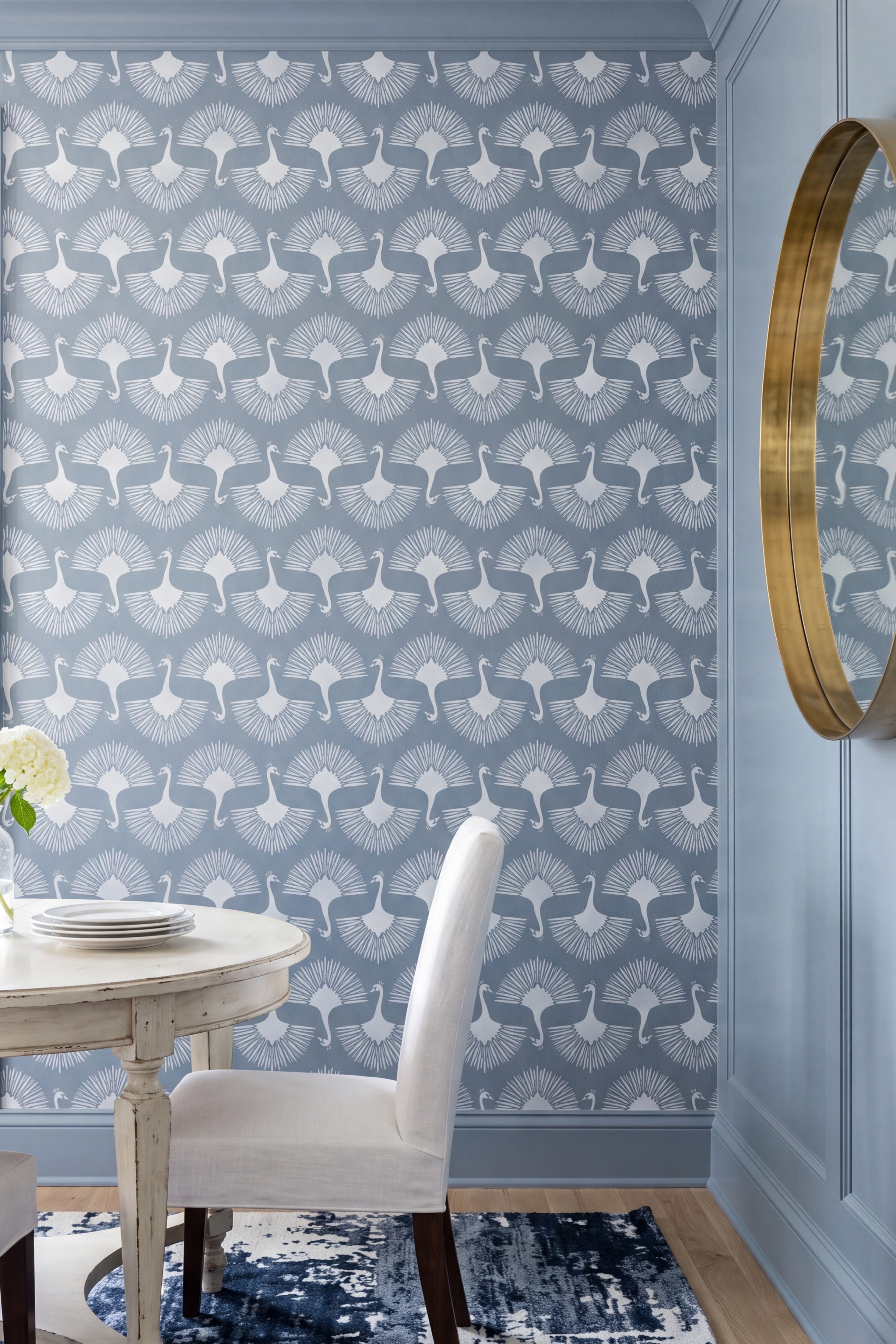 Powder Plume wallpaper shown in a dining room