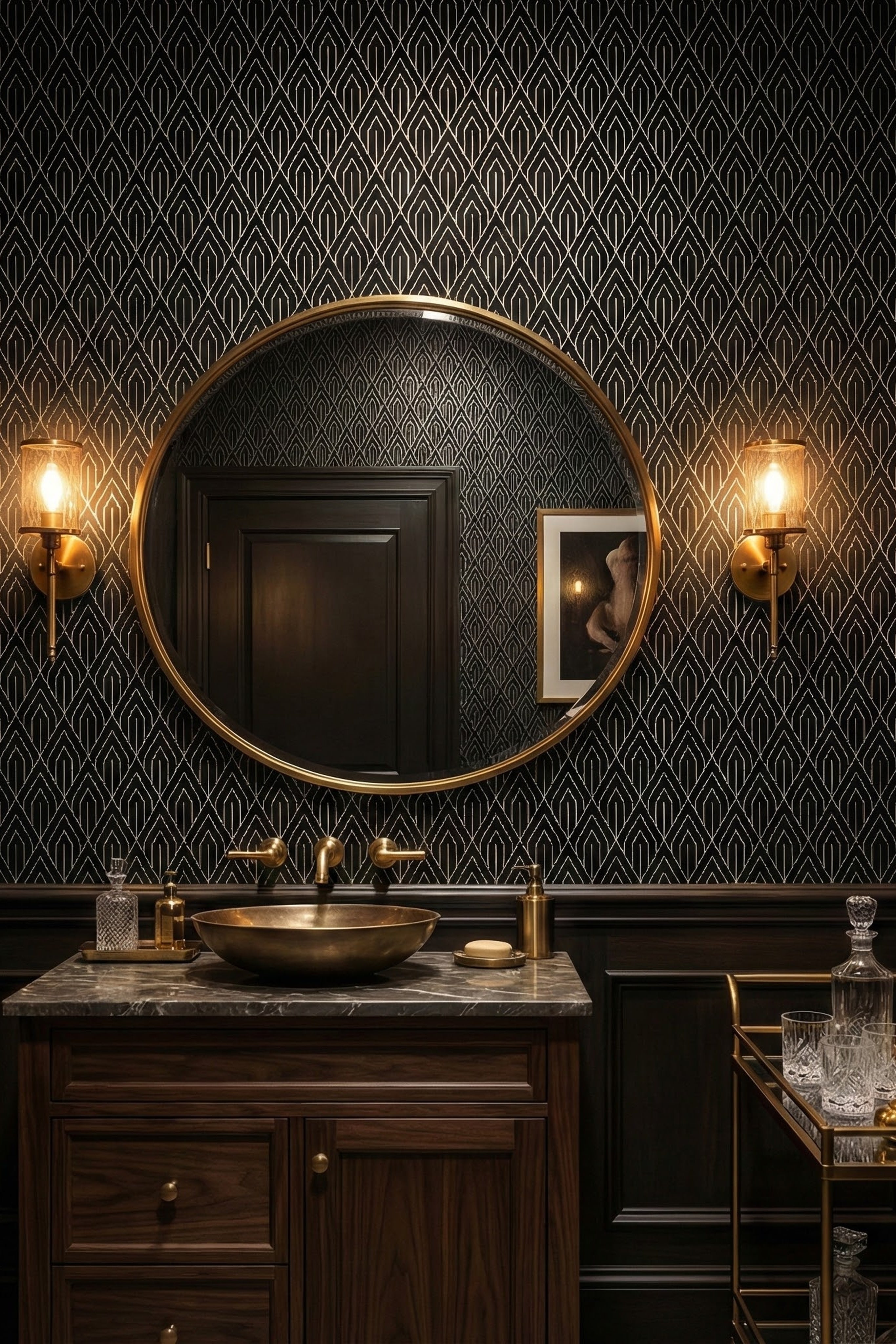 Black Tie Deco wallpaper shown in a powder room