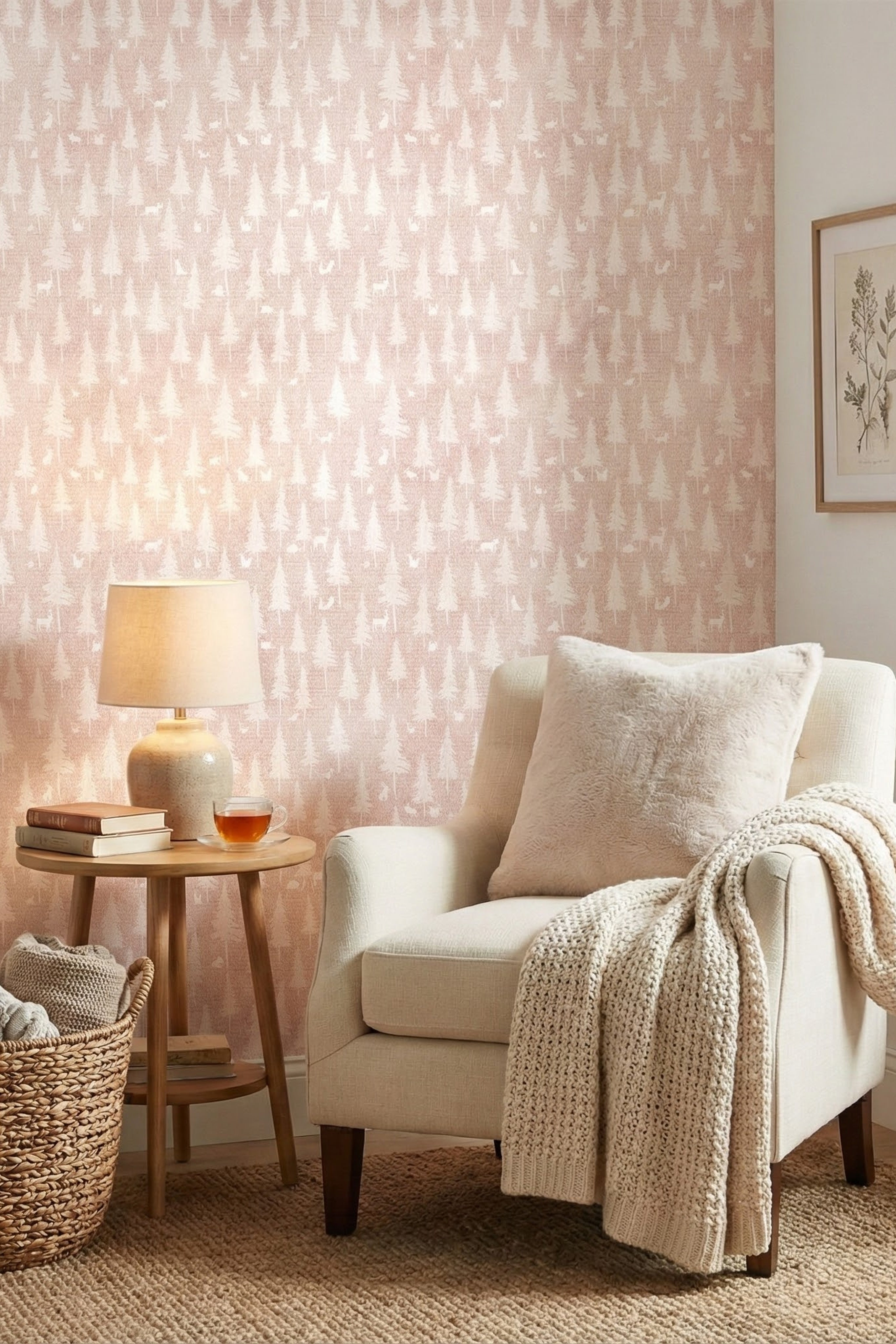 Blush Woodland wallpaper shown in a reading corner