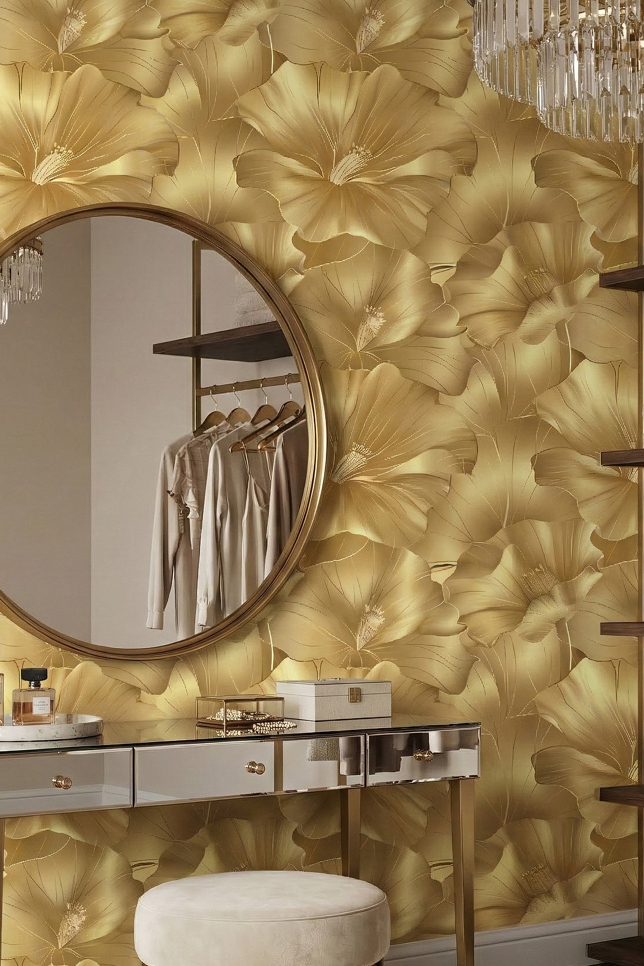 Gilded Bloom wallpaper shown in a closet