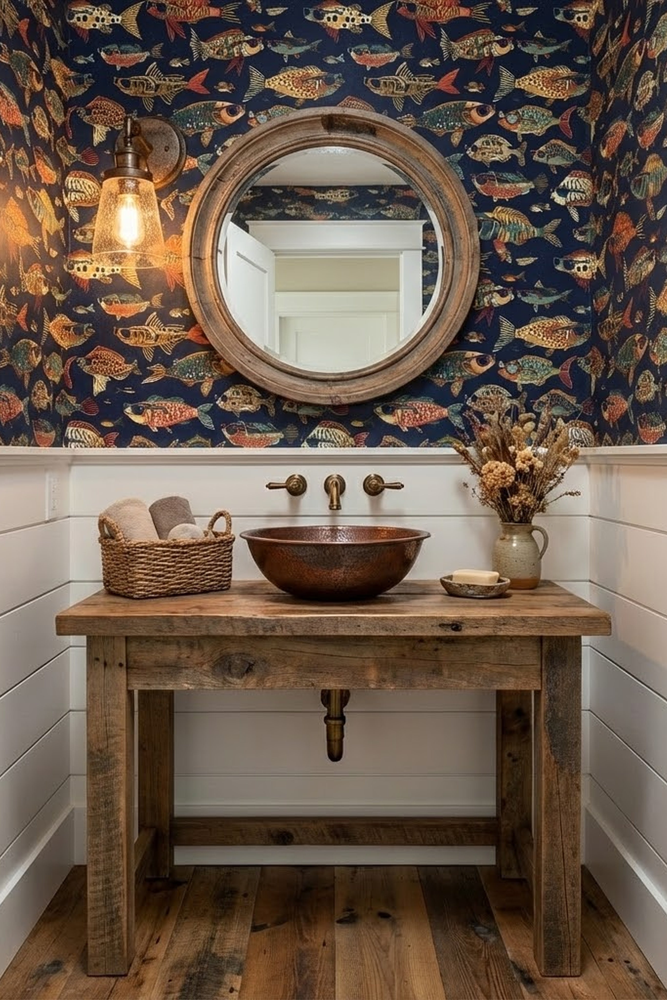 Gone Fishin' wallpaper shown in a powder room