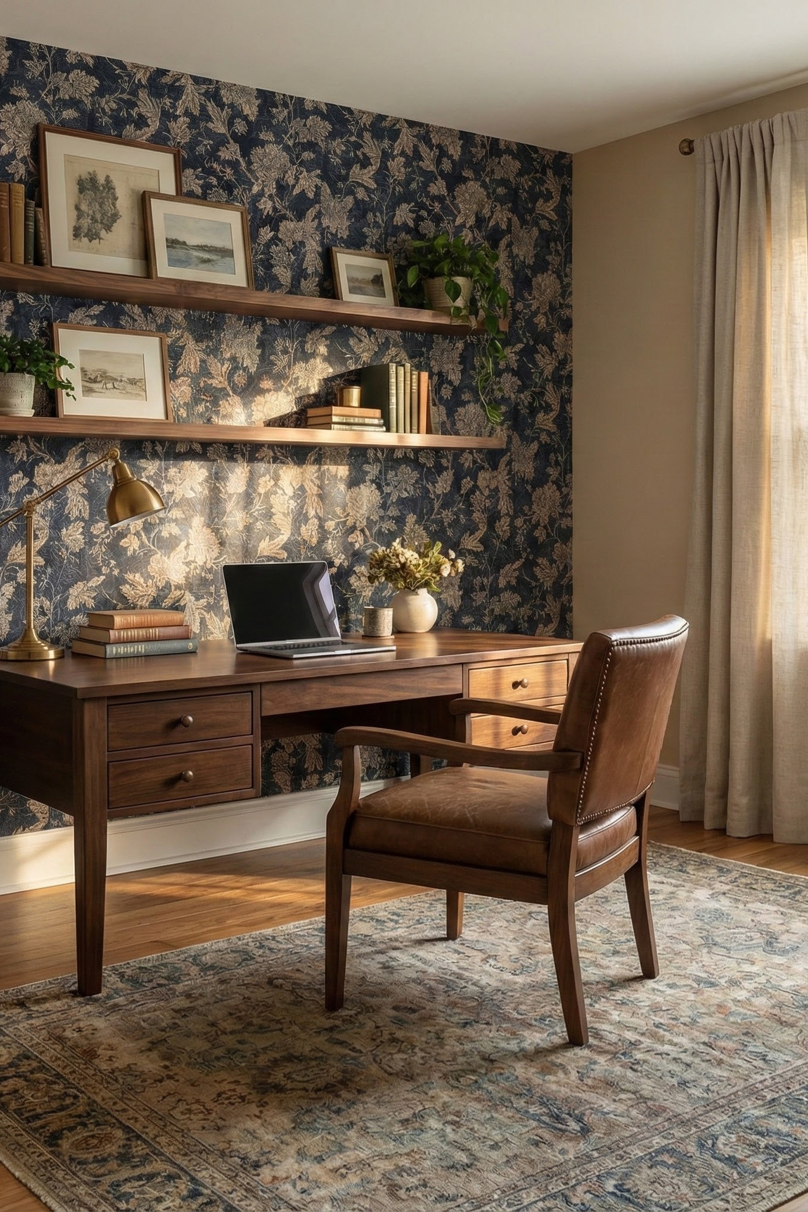 Midnight Posy wallpaper shown in a home office