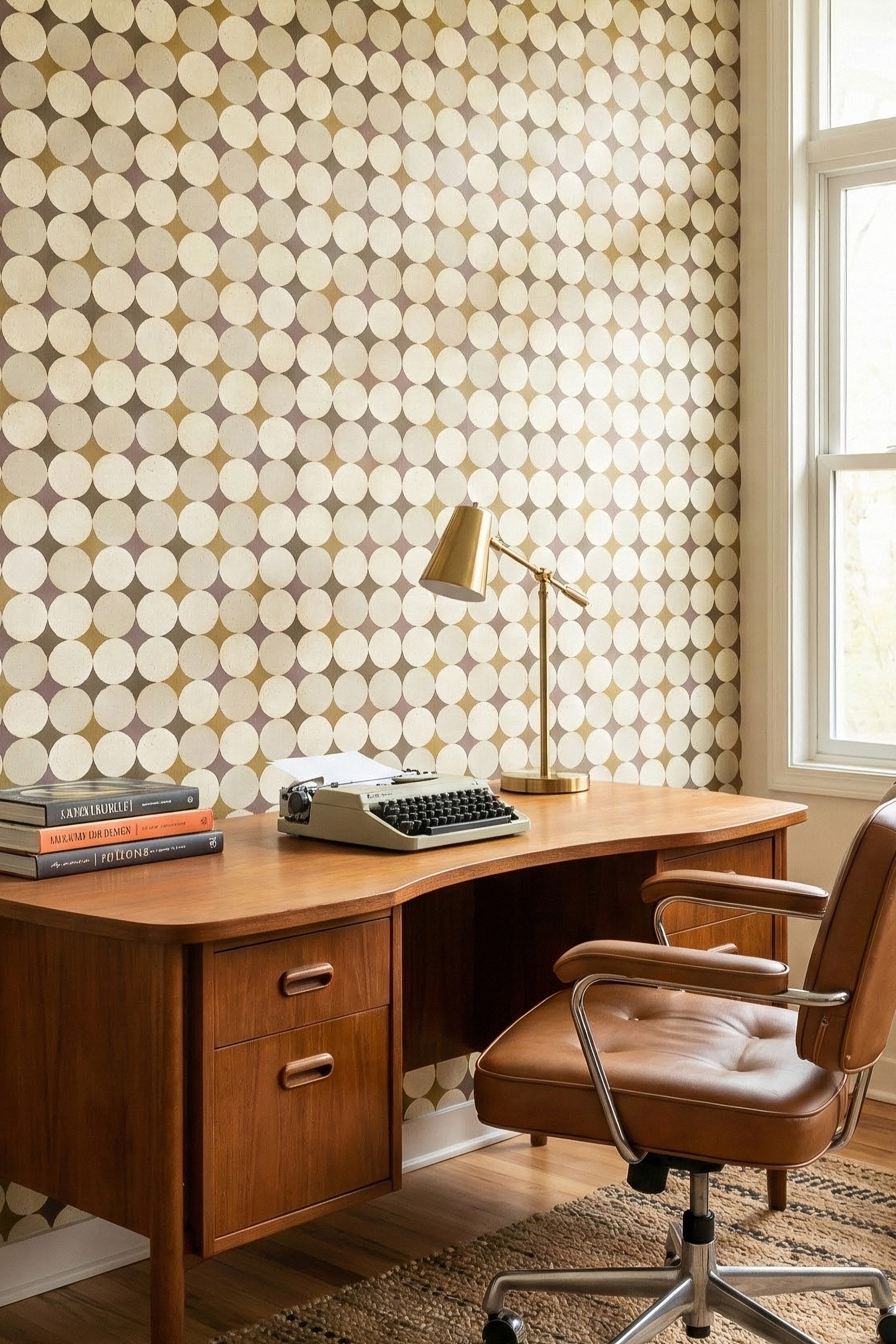 Olive Orbit wallpaper shown in a home office