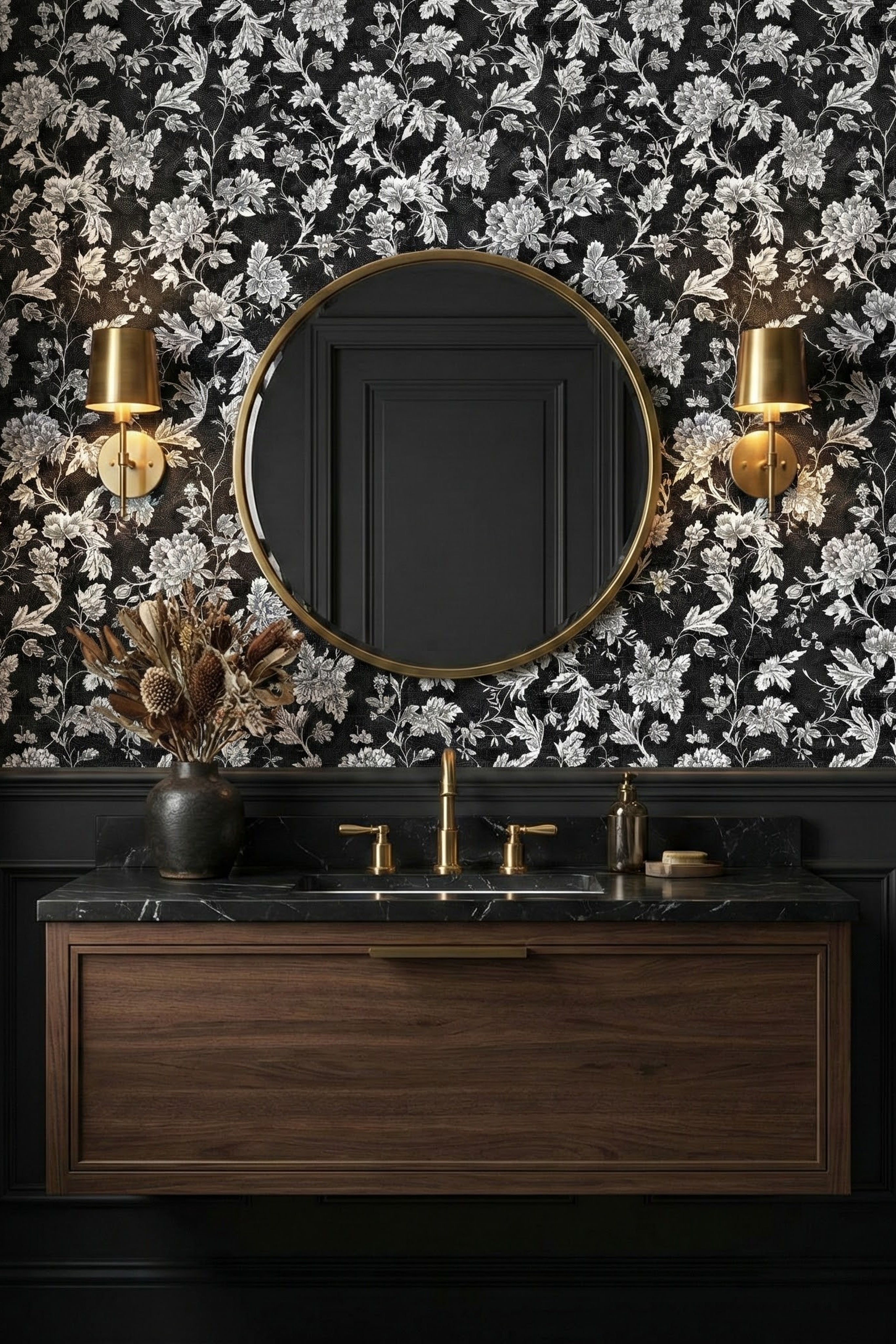 Noir Bouquet wallpaper shown in a powder room