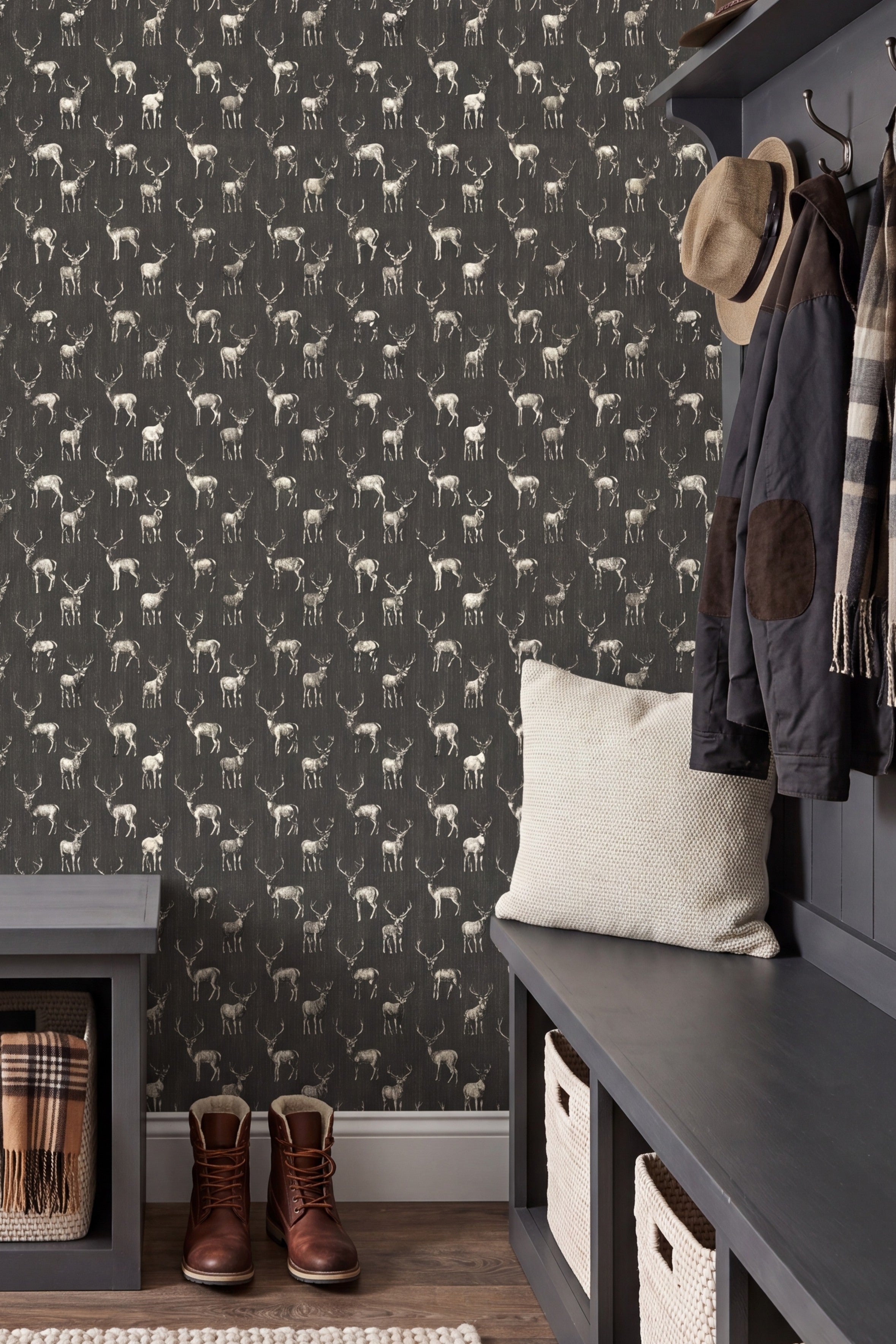 Shady Stag wallpaper shown in a mudroom
