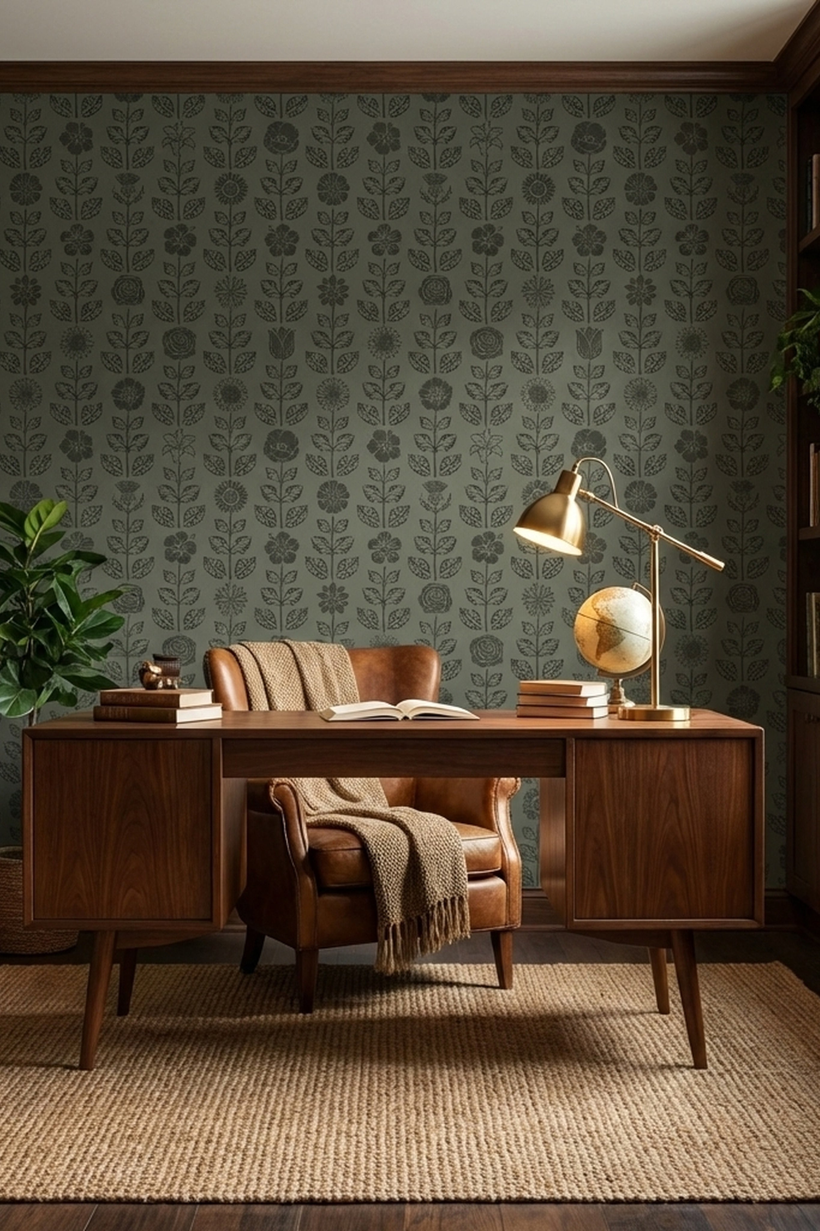 Moody Folk wallpaper shown in a home office