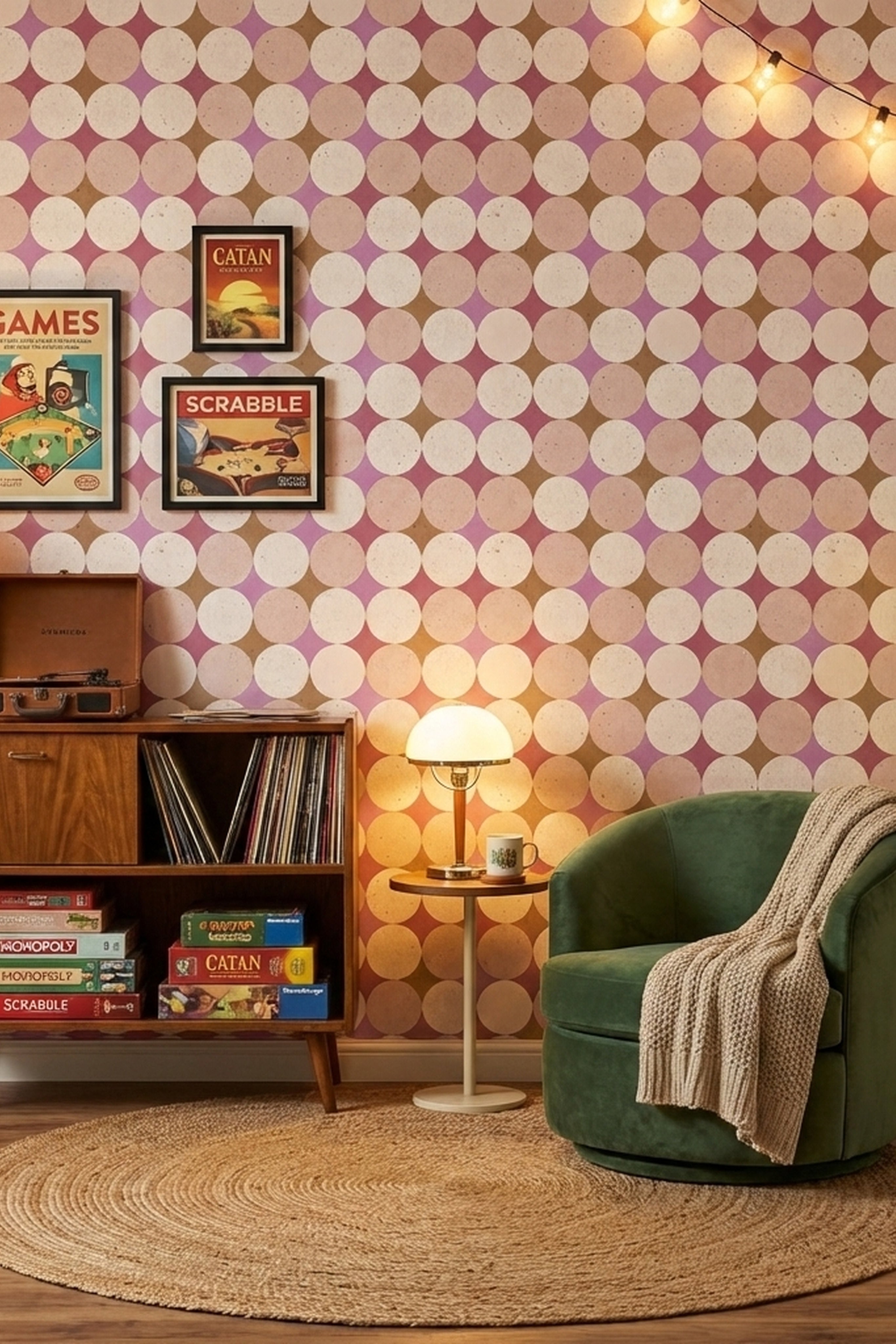 Pink Orbit wallpaper shown in a game room