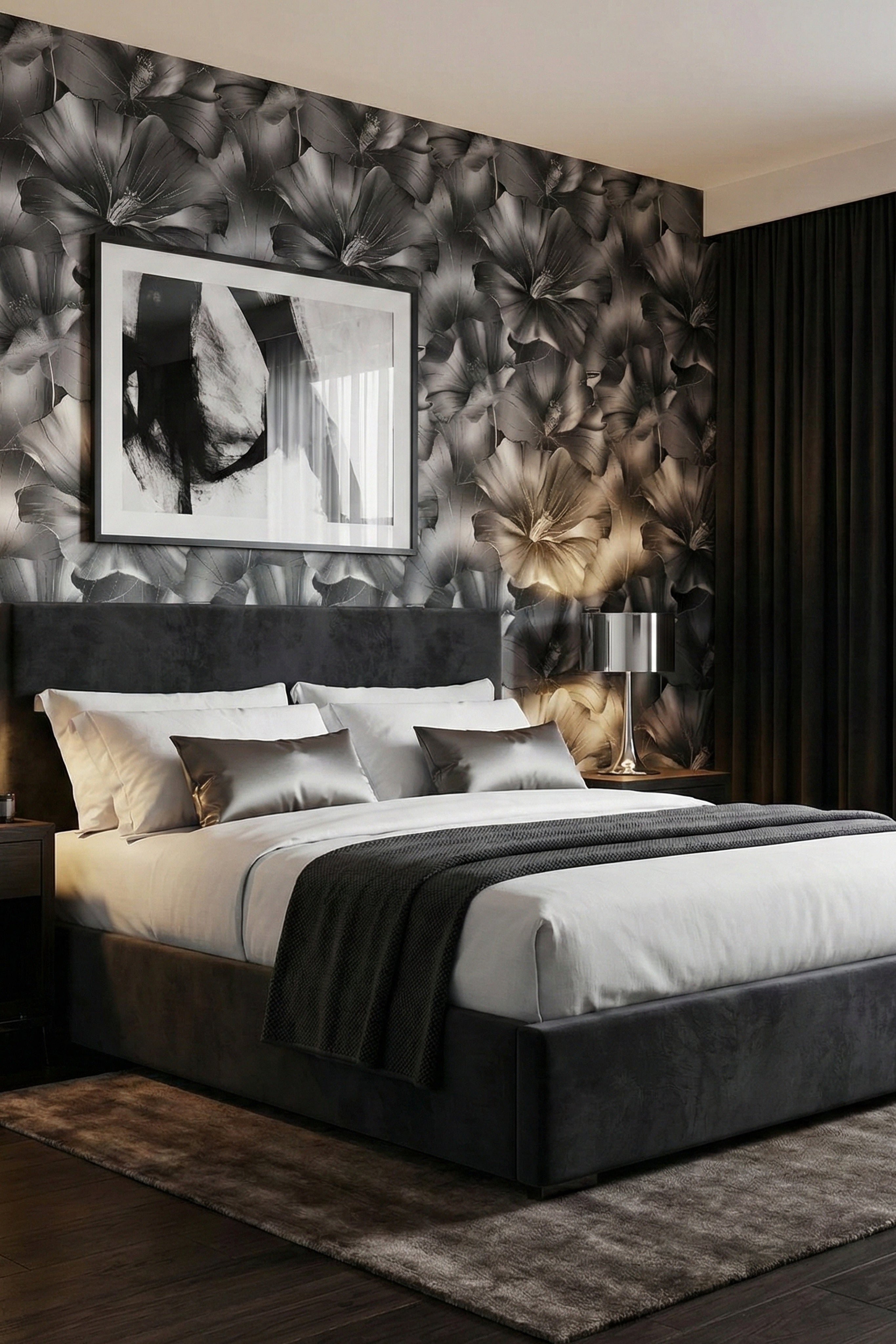 Monochrome Bloom wallpaper shown in a bedroom