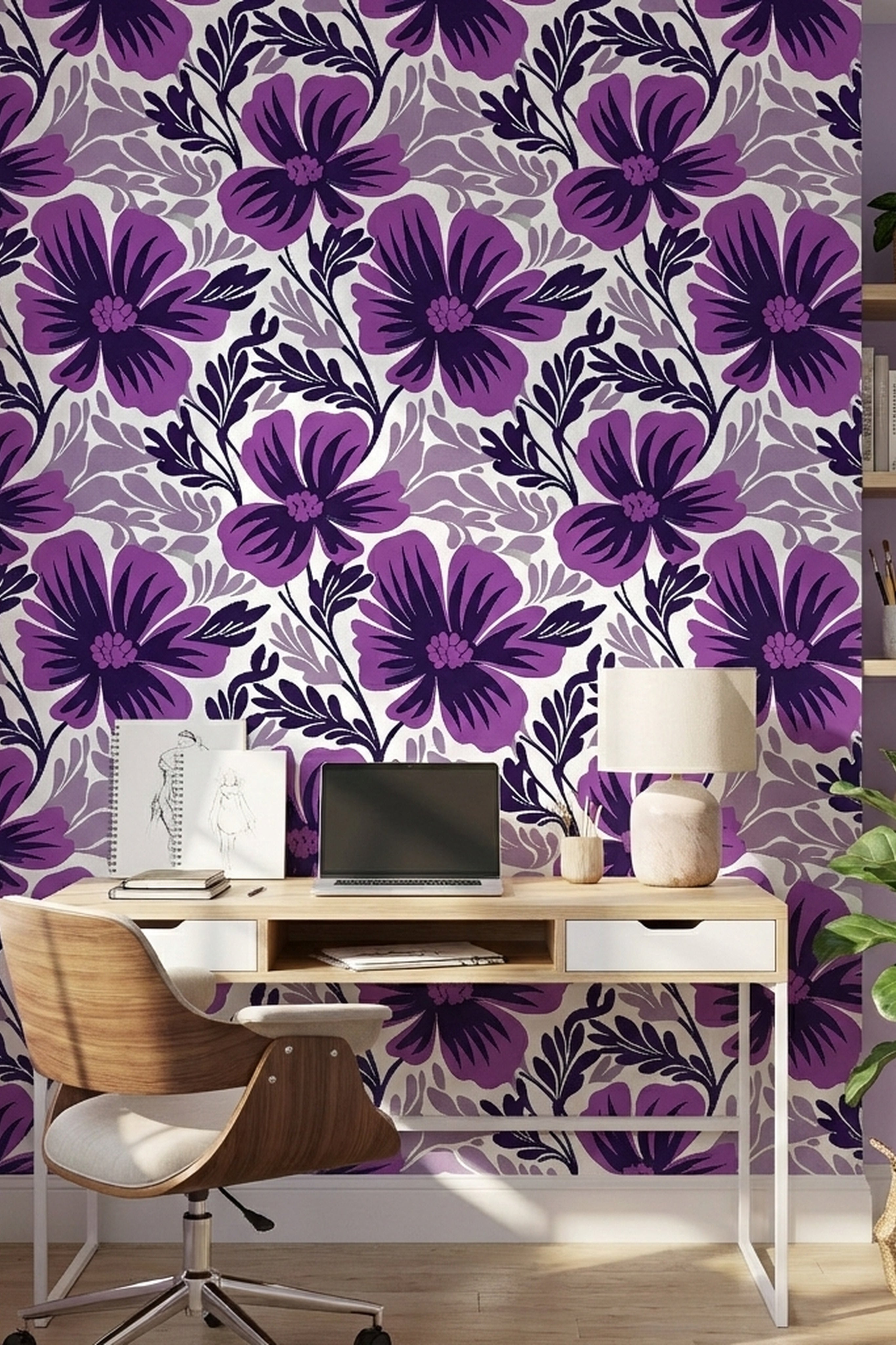 Purple Paradise wallpaper shown in a home office