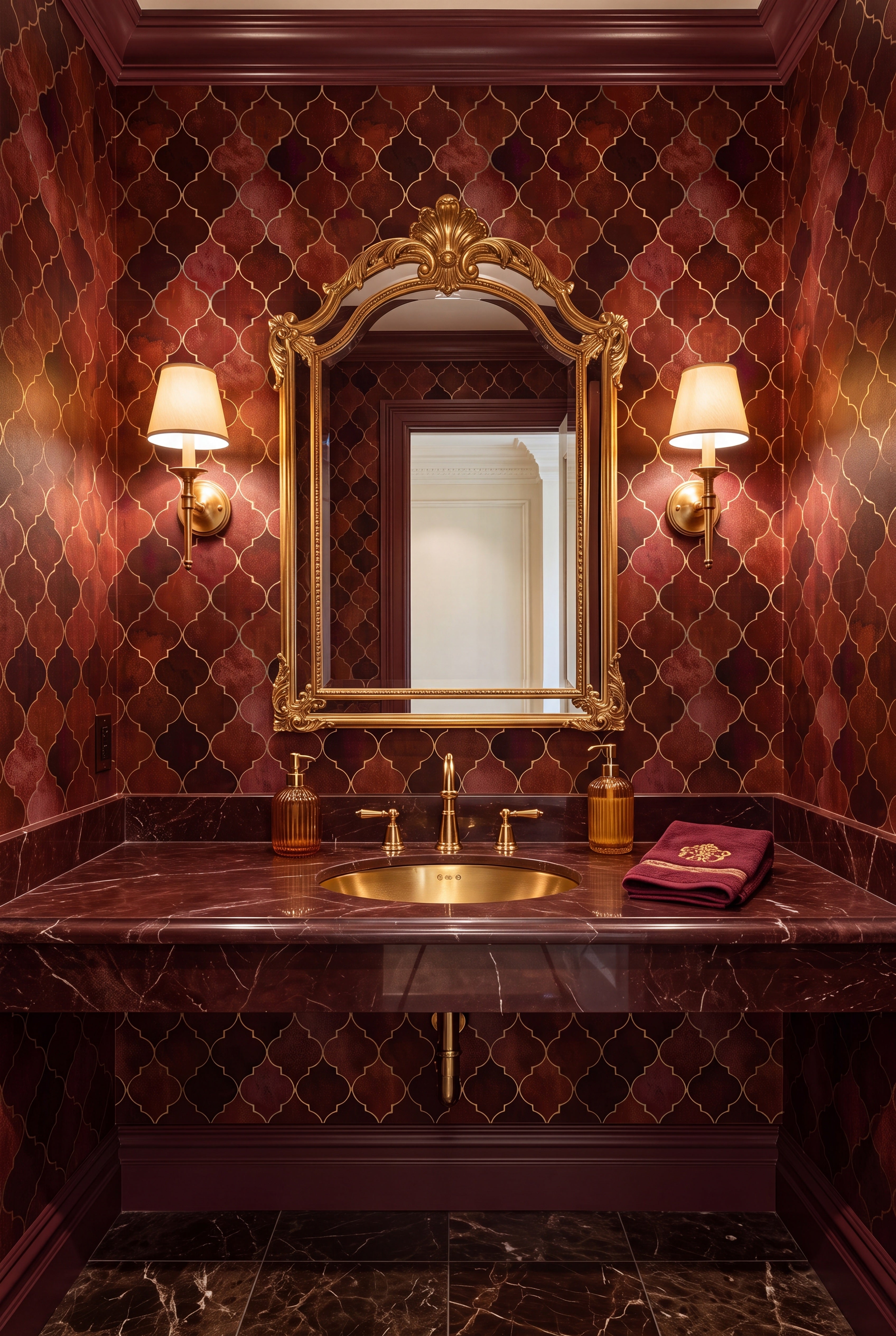 Ruby Trellis wallpaper shown in a powder room