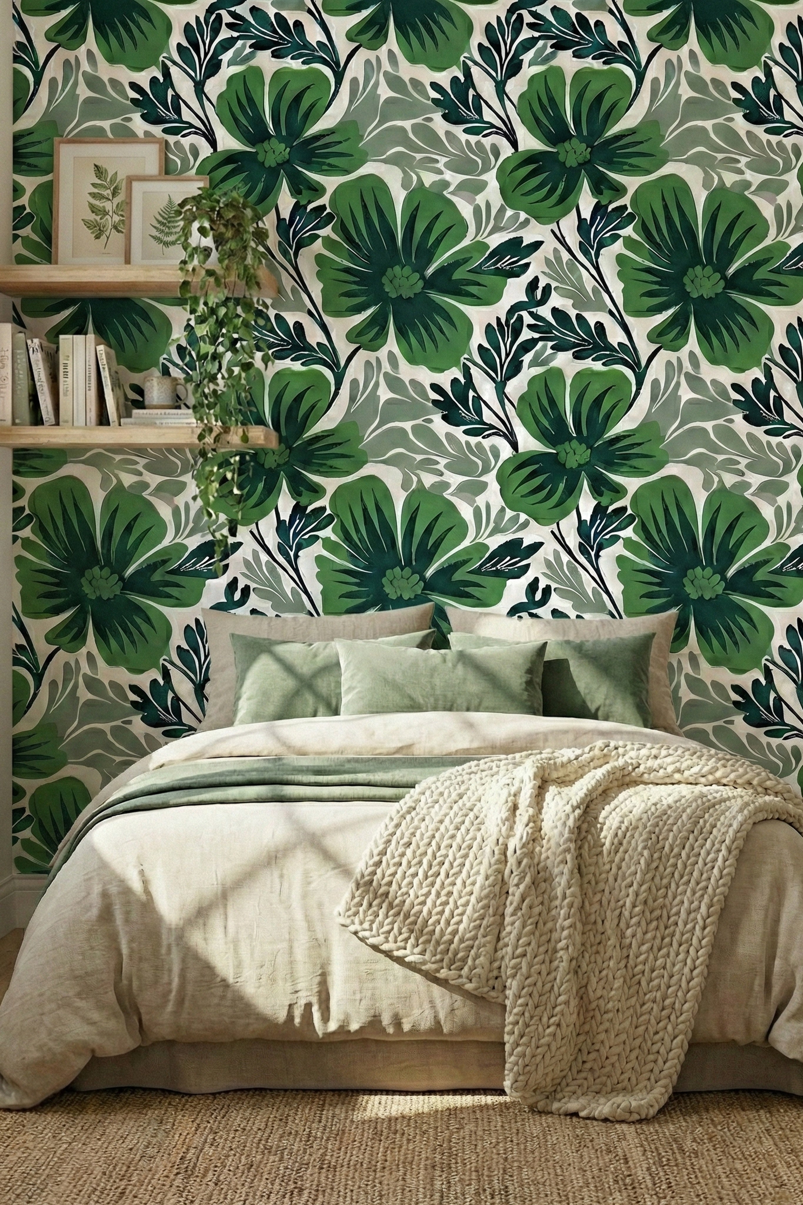 Emerald Jungle wallpaper shown in a bedroom