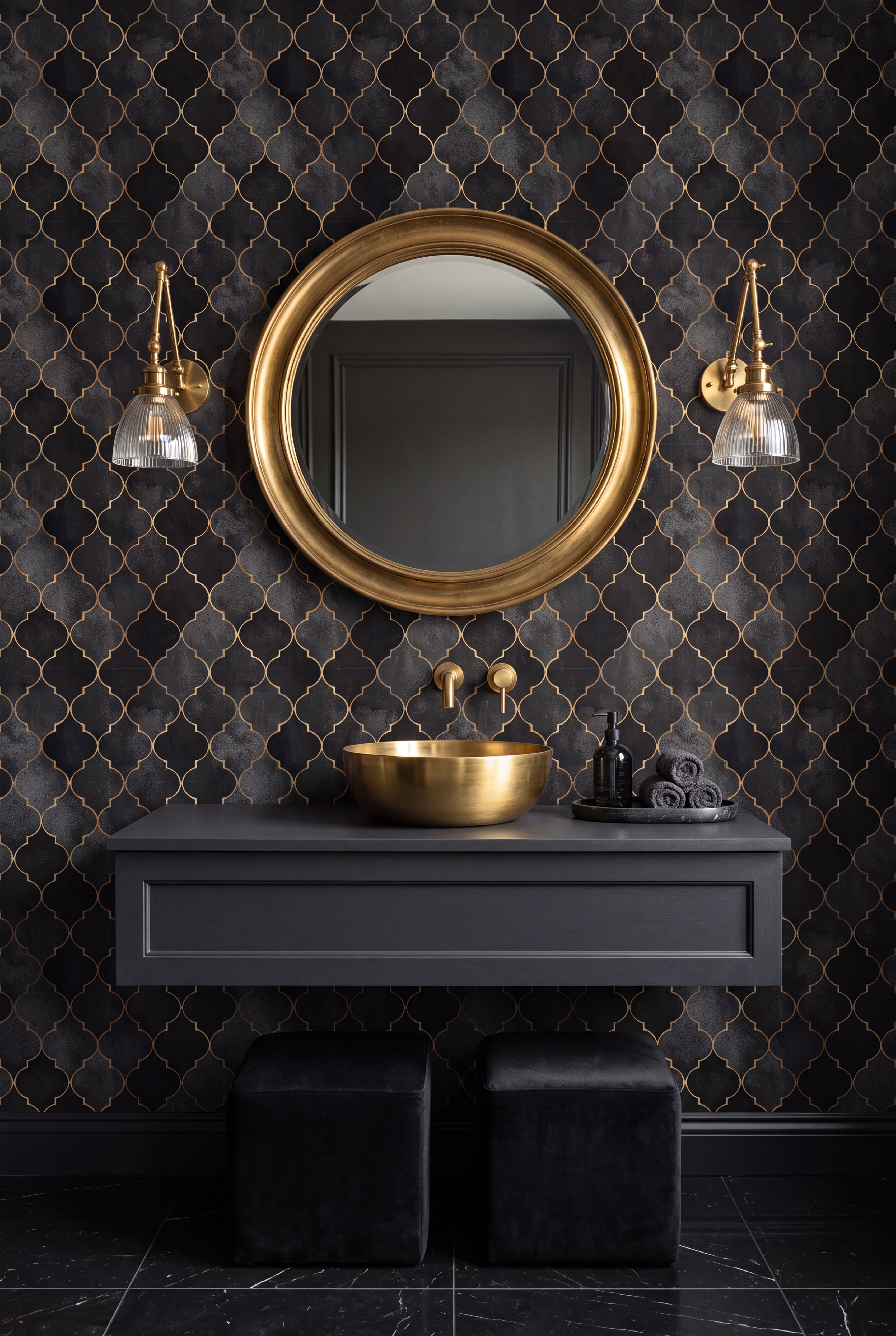 Gatsby Noir wallpaper shown in a powder room
