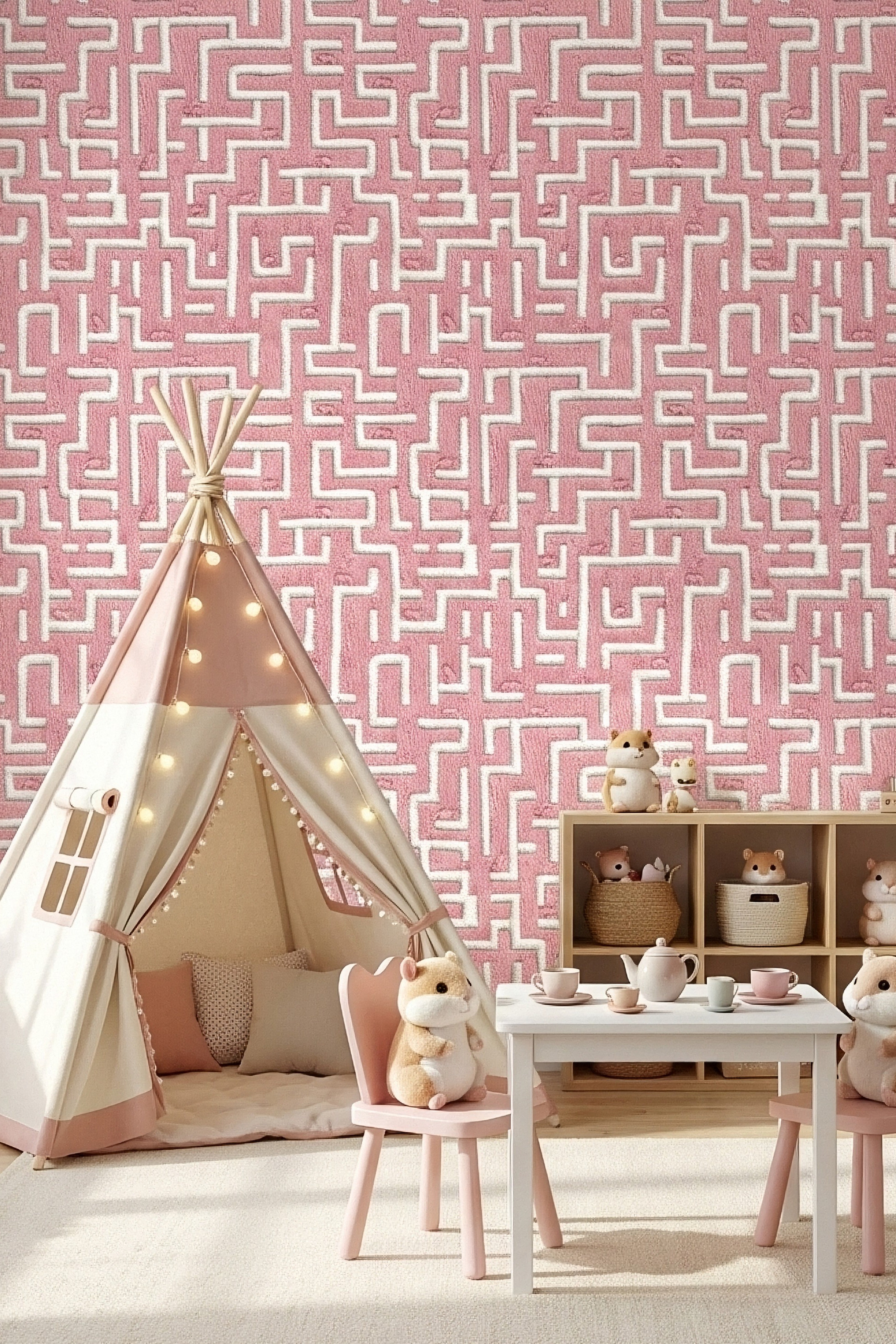 Whisker Maze wallpaper shown in a playroom