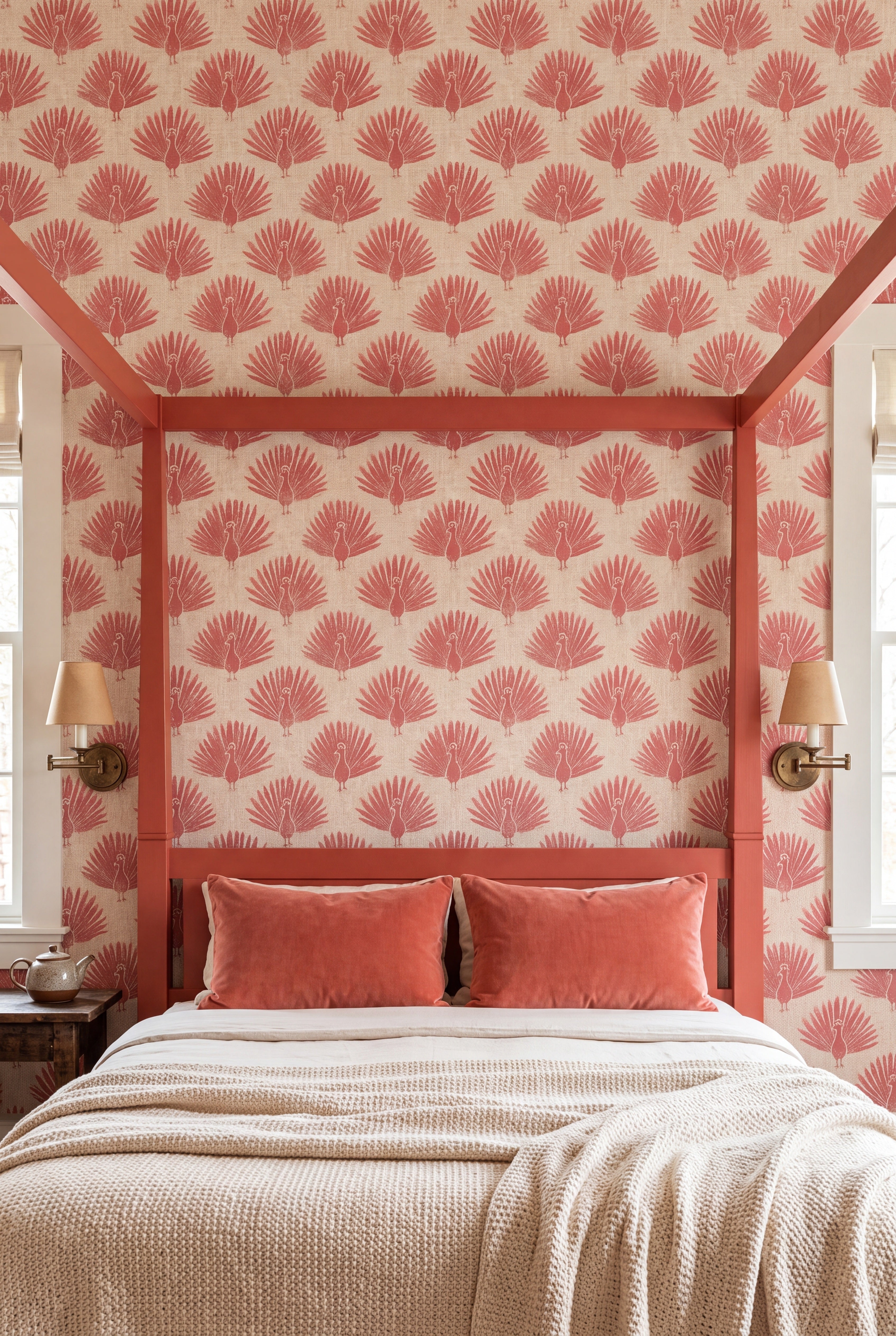 Blush Peacock wallpaper shown in a bedroom