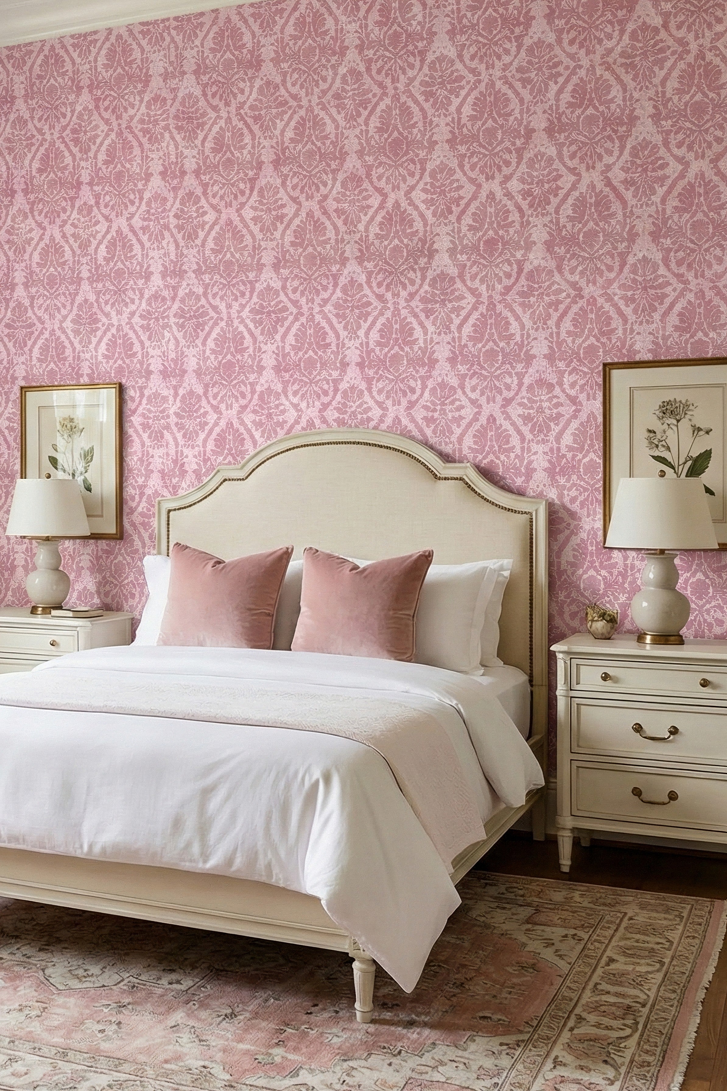 Rose Damask wallpaper shown in a bedroom