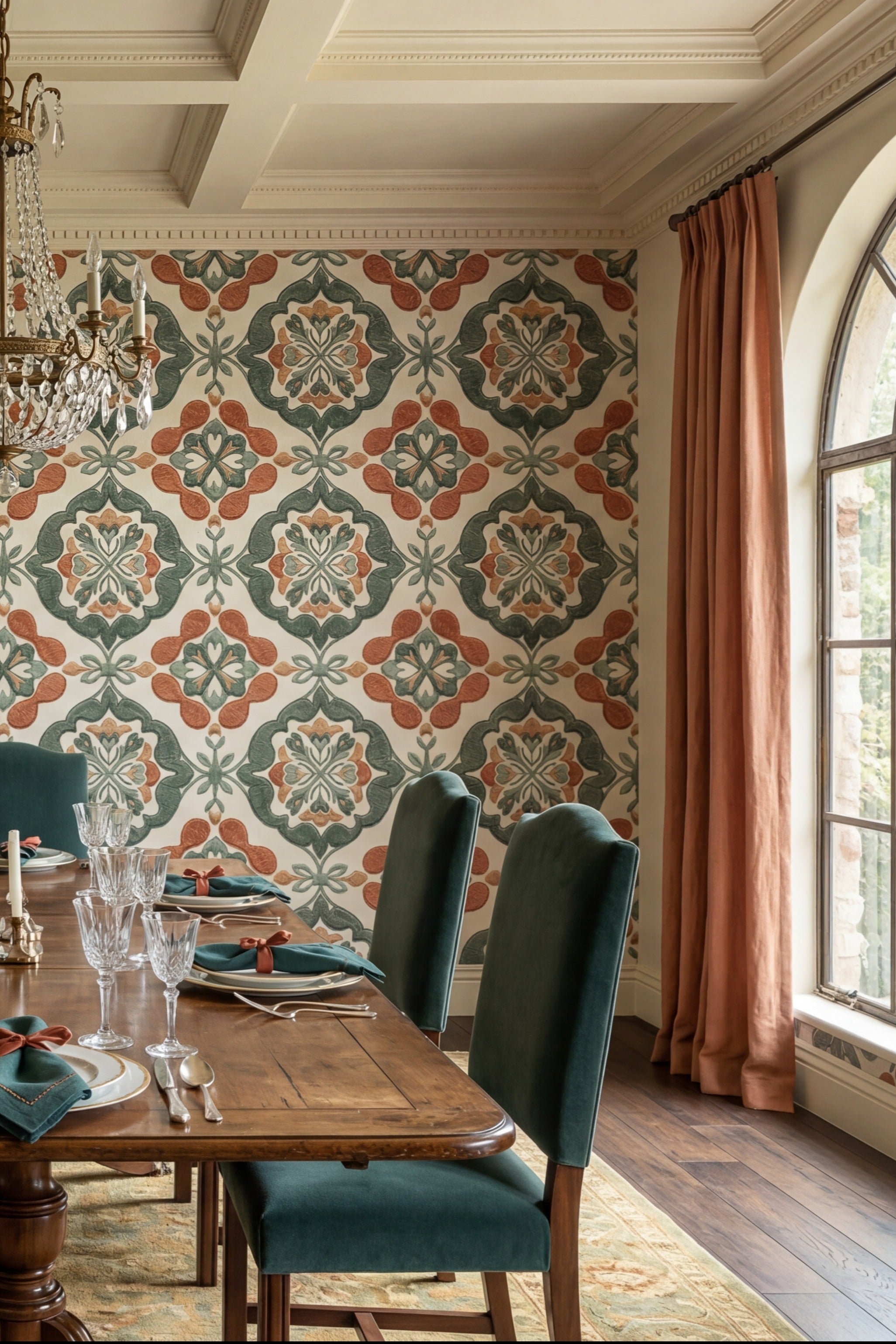 Sage Medina wallpaper shown in a dining room