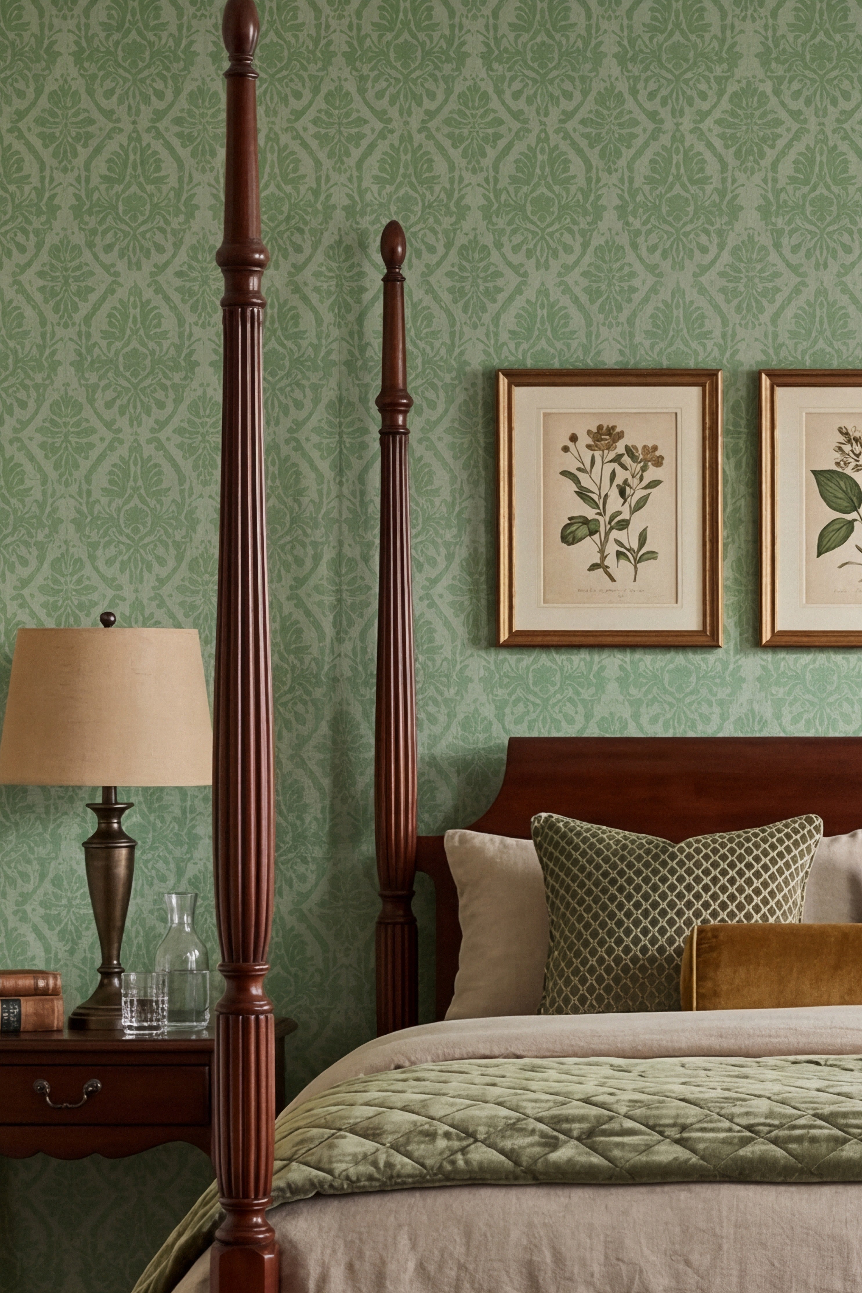 Ivy Damask wallpaper shown in a bedroom