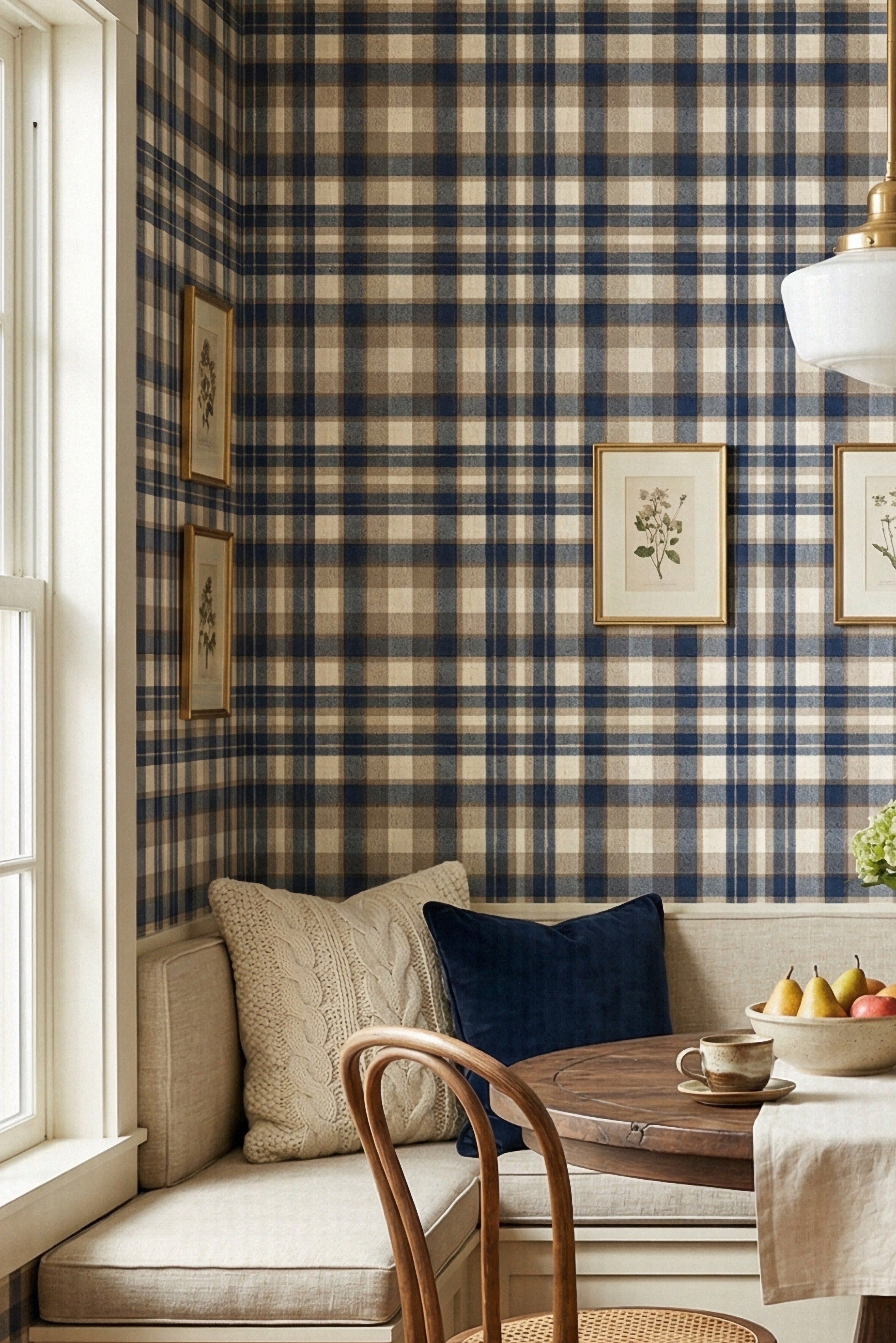 Cottage Plaid wallpaper shown in a cozy nook
