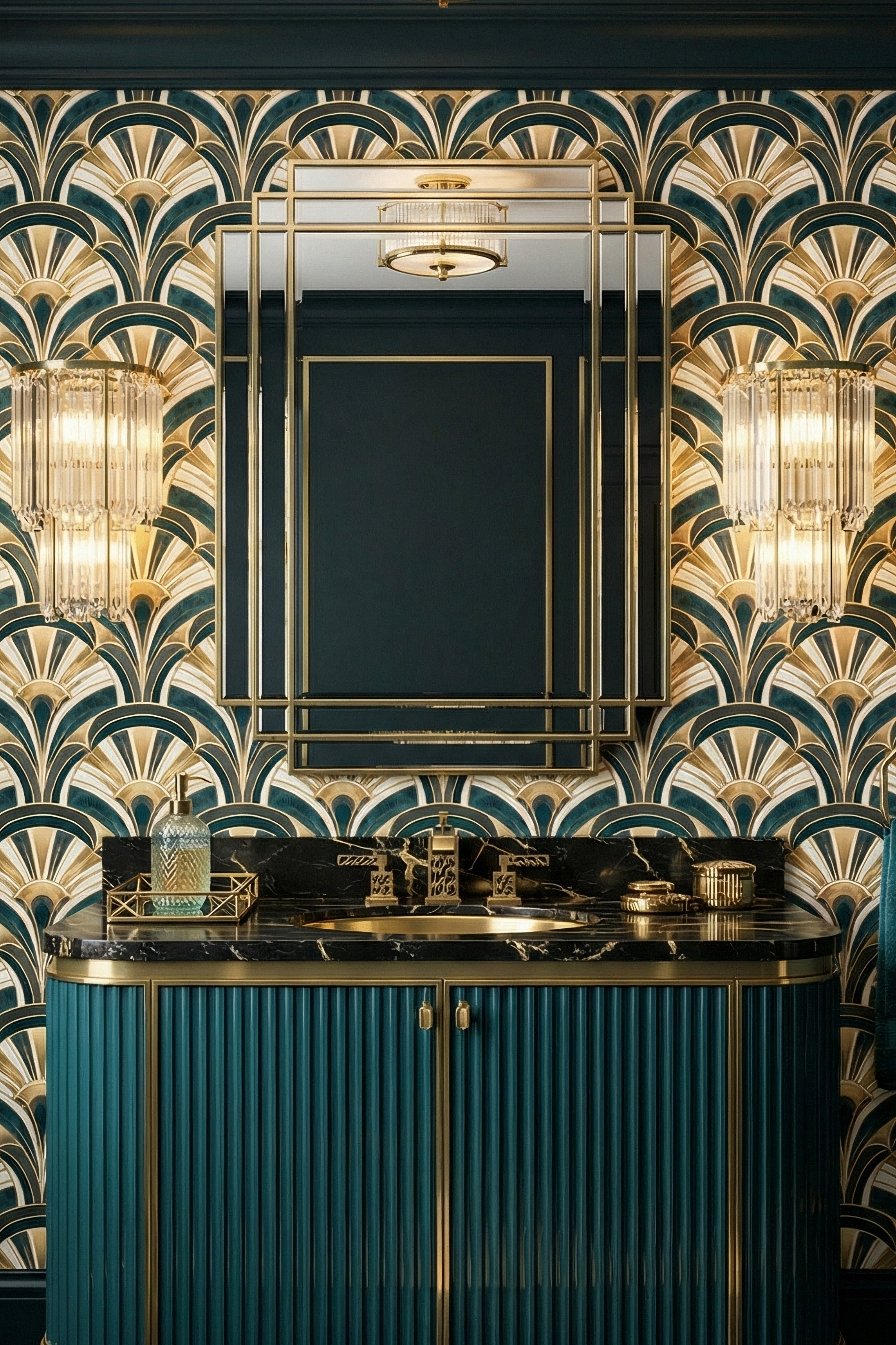 Jade Deco wallpaper shown in a powder room