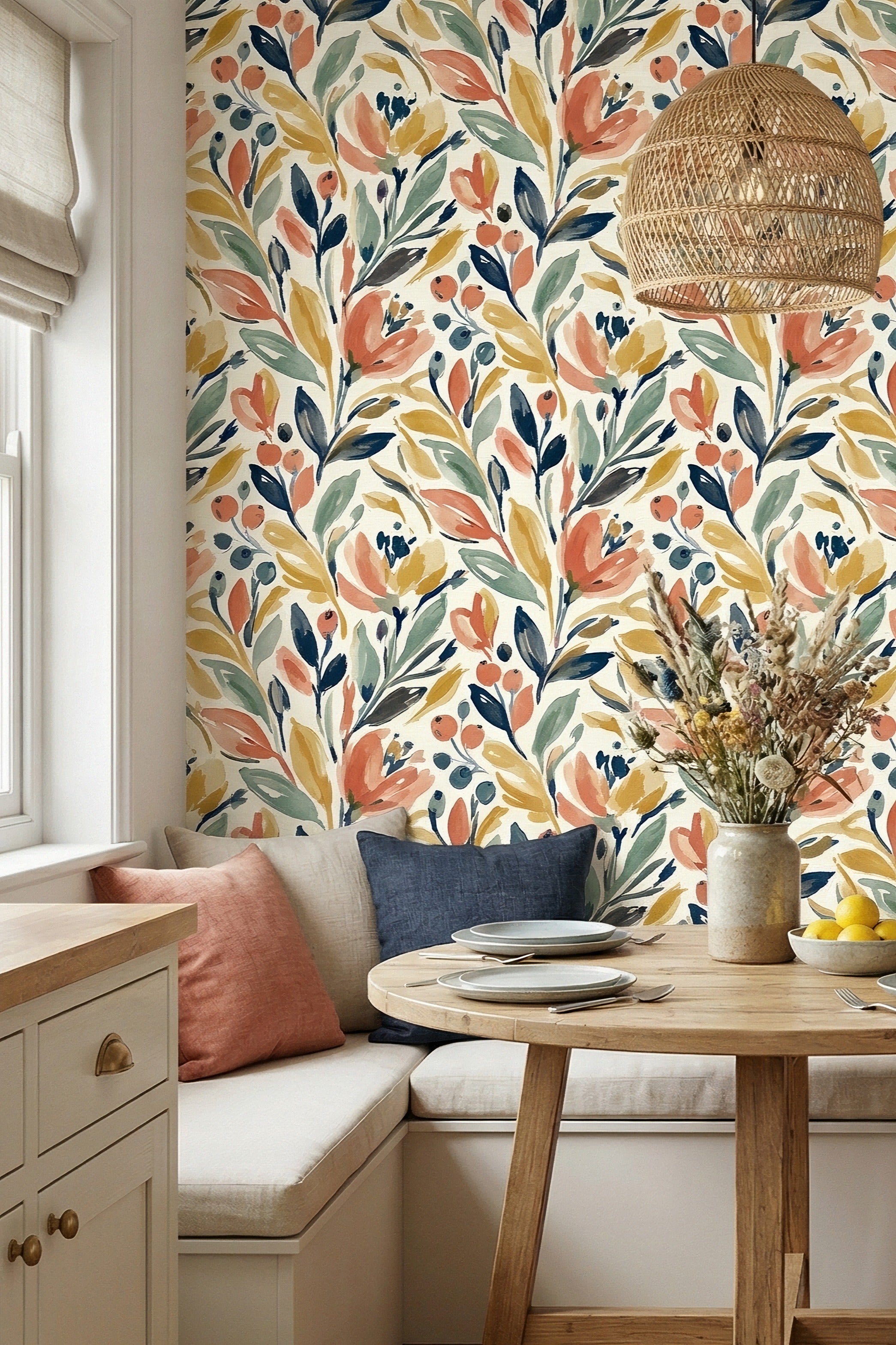 Seaside Wildflower wallpaper shown in a cozy nook