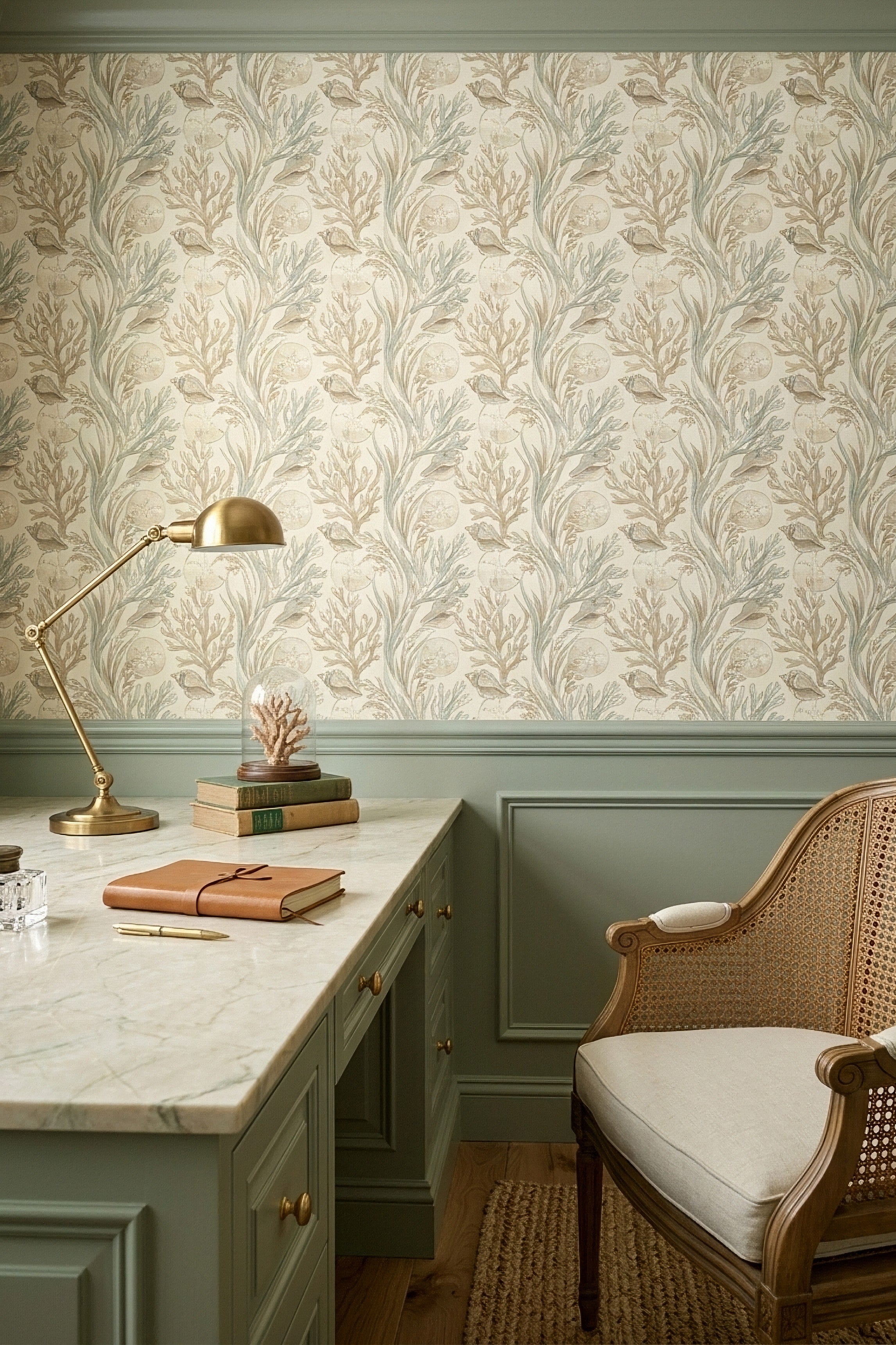 Sage Tide wallpaper shown in a home office