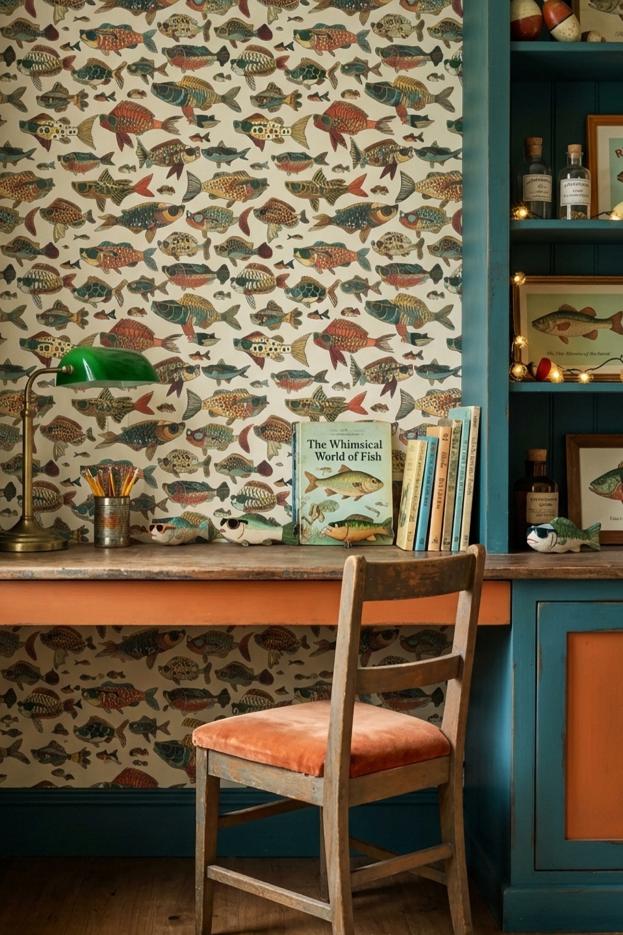 School's Out wallpaper shown in a home office