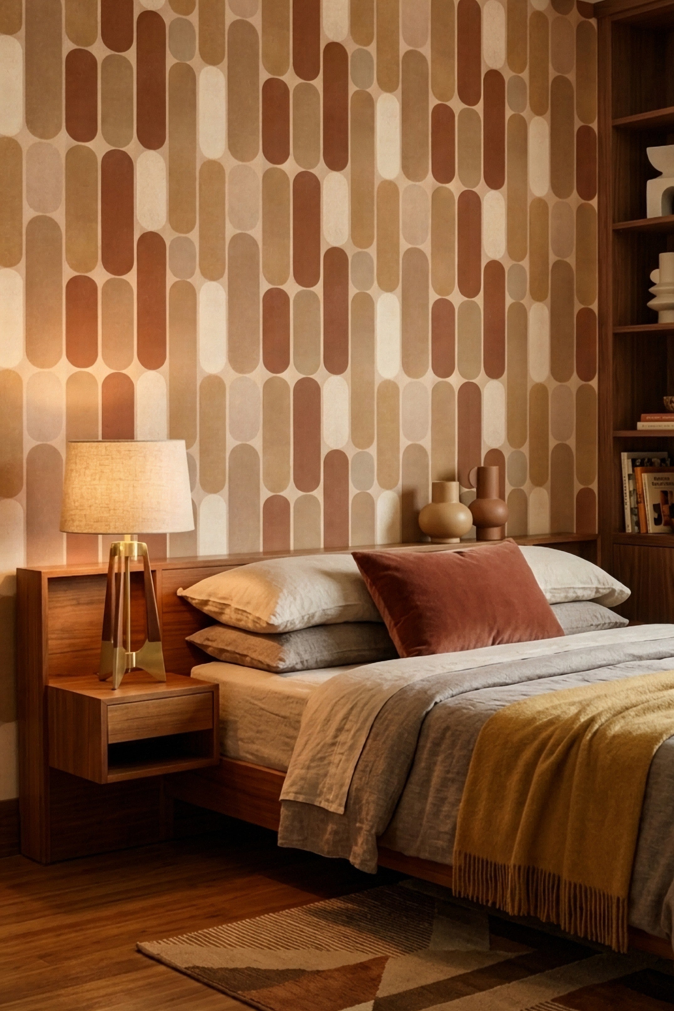 Earthen Mod wallpaper shown in a bedroom