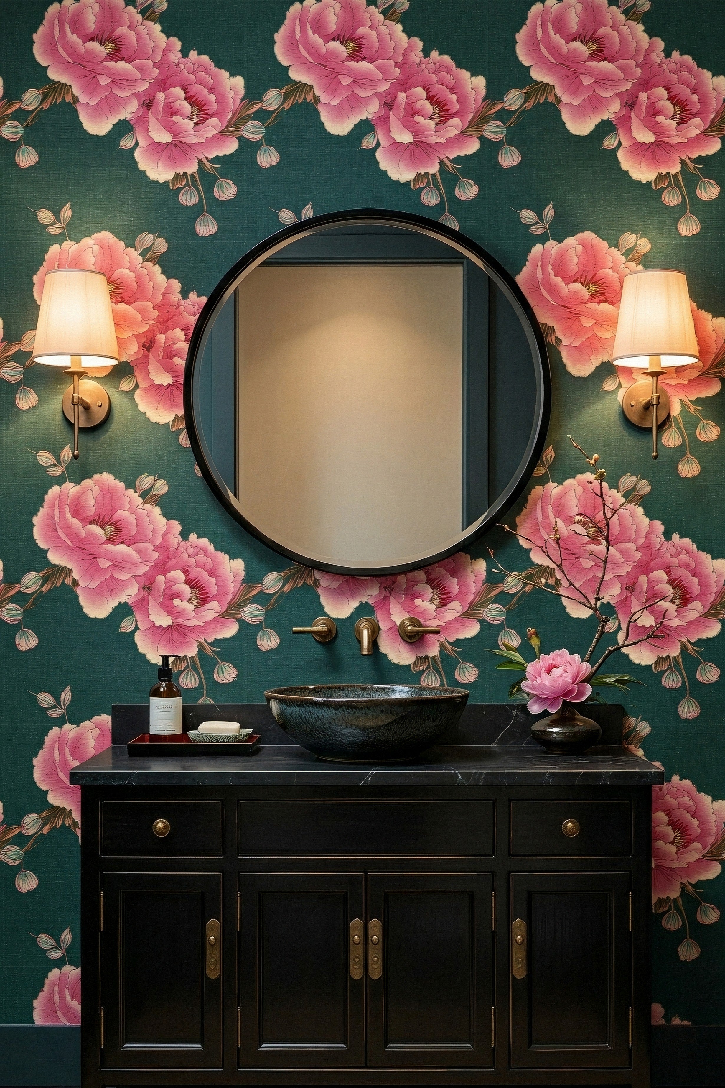 Garden Party wallpaper shown in a powder room