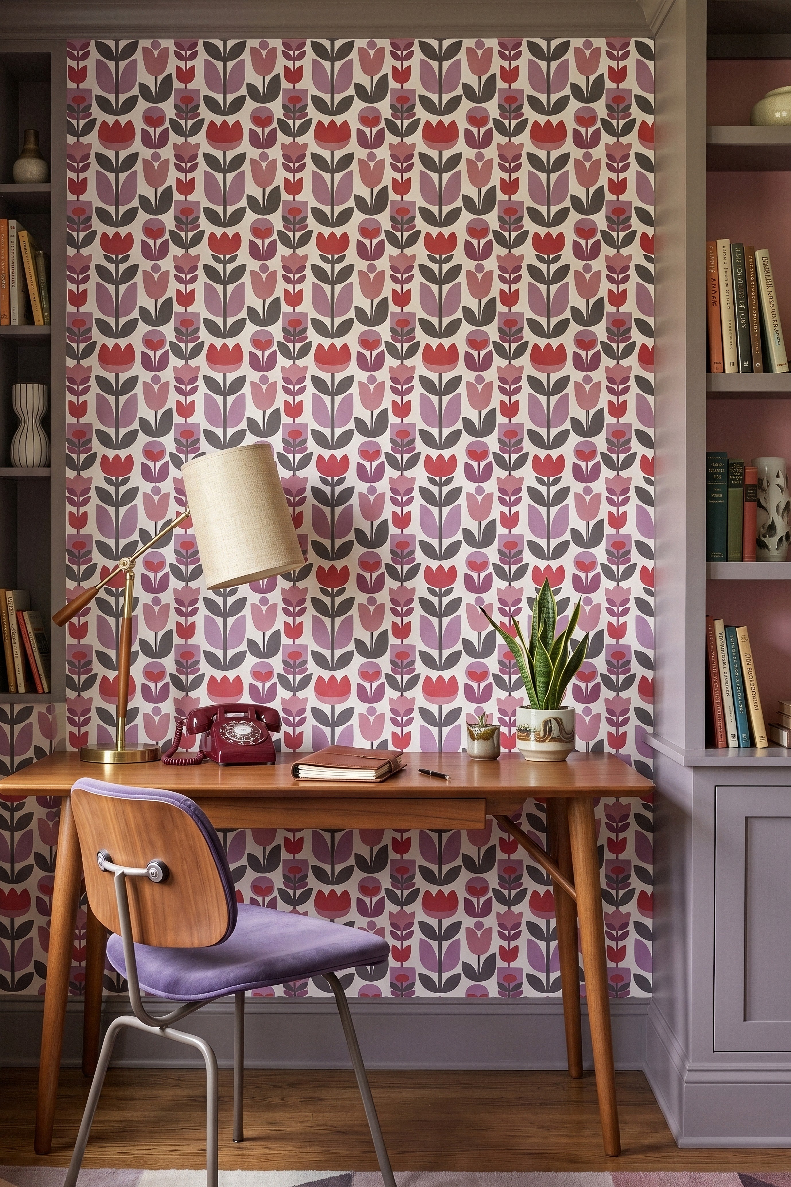 Tulip Mania wallpaper shown in a home office