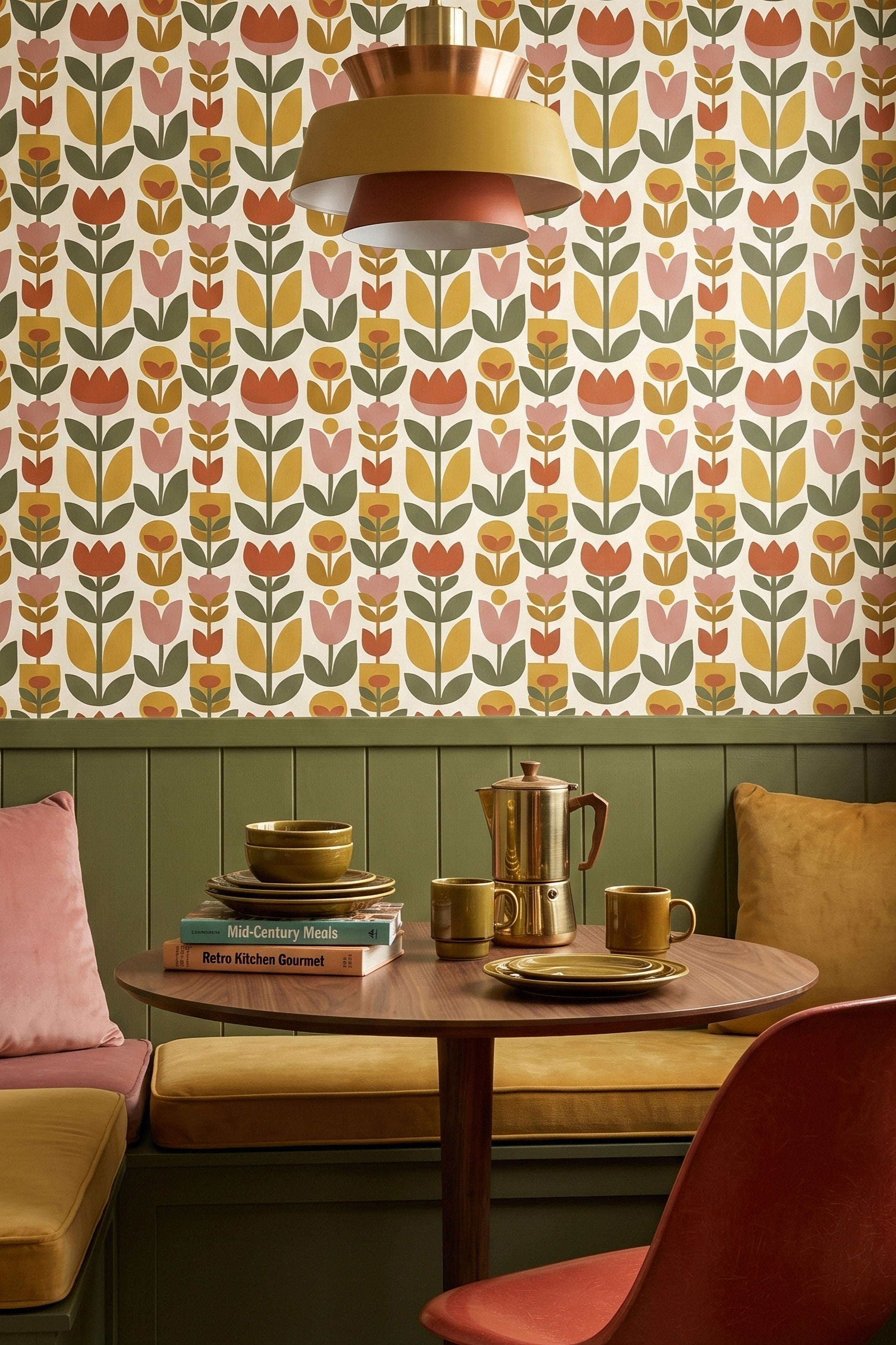 Amber Tulip wallpaper shown in a kitchen nook