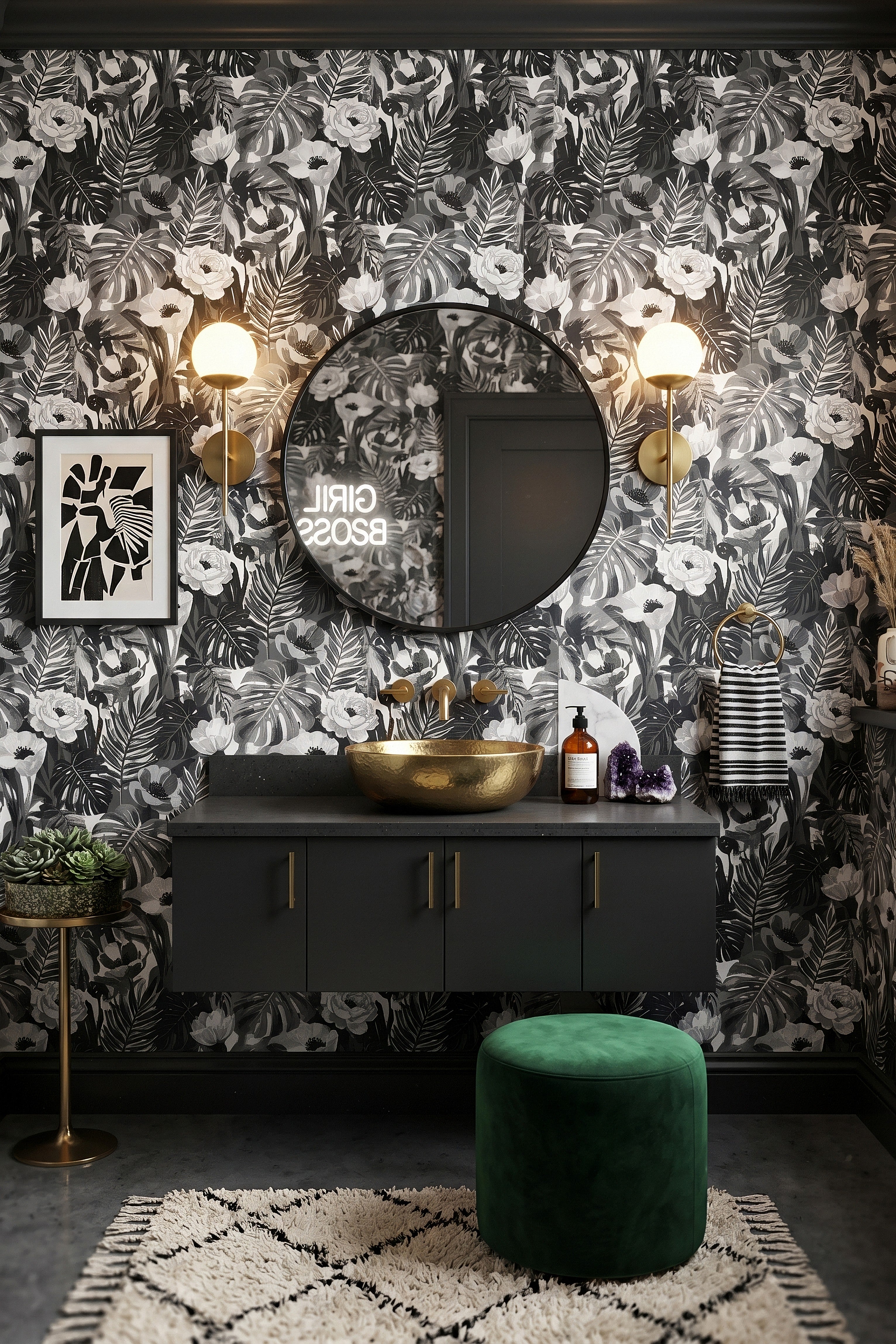 Tropic Noir wallpaper shown in a powder room
