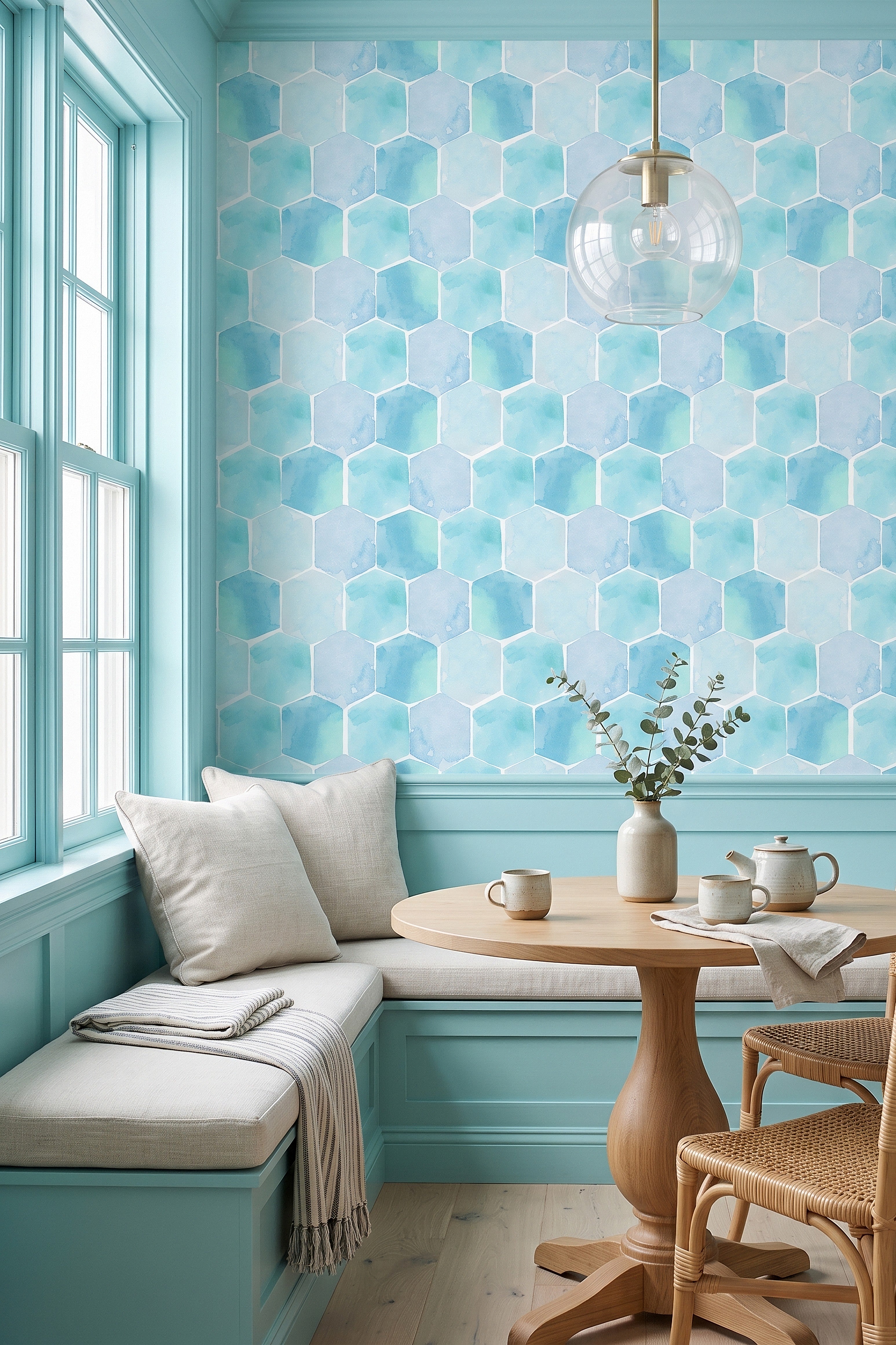 Sea Glass wallpaper shown in a cozy nook